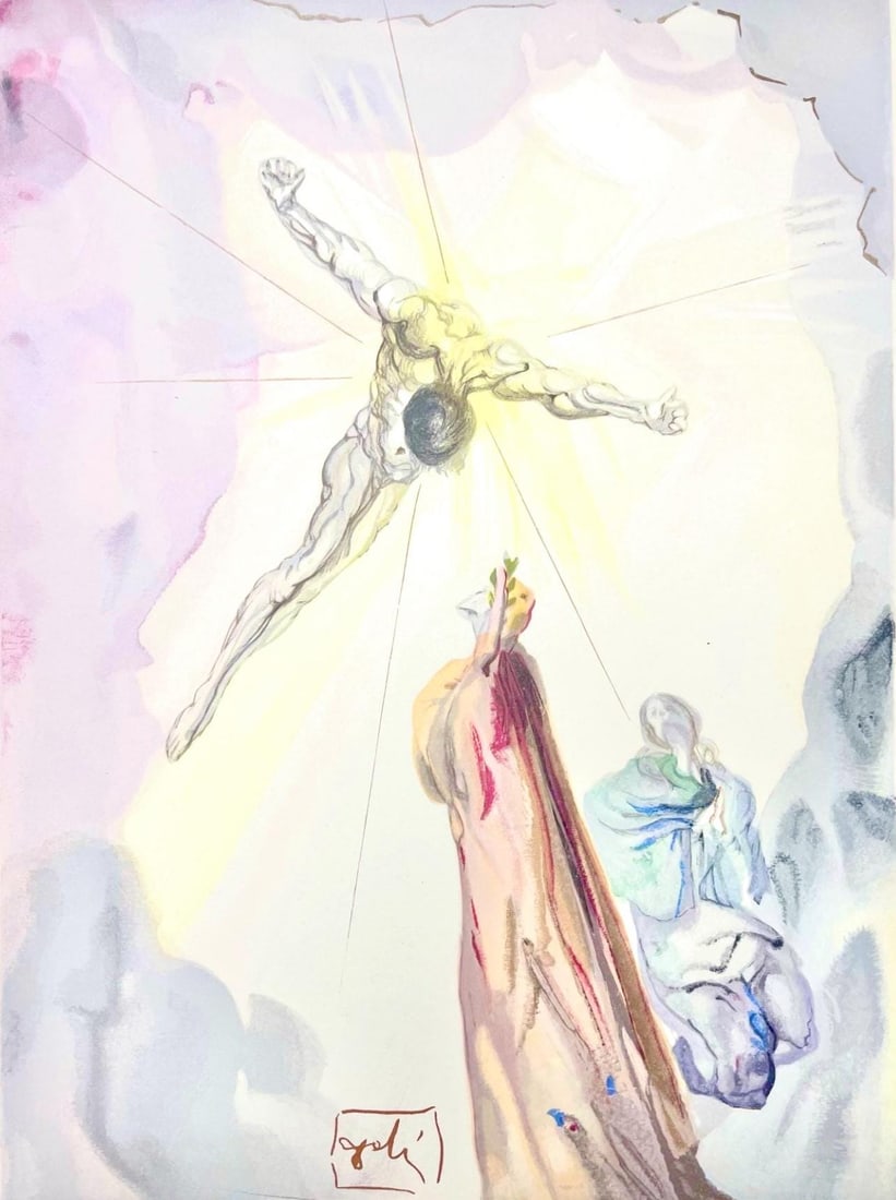 Salvador Dali, Paradies XIV (Michler/Lopsinger 1039-1138; Field 189-200), Die Gottliche Komodie,: Woodcut in colors on velin de Rives BFK paper, mounted on velin d'Arches support, as issued. Paper size: 13 x 10.375 inches. Inscription: Signed in the block, and unnumbered, as issued. Catalogue