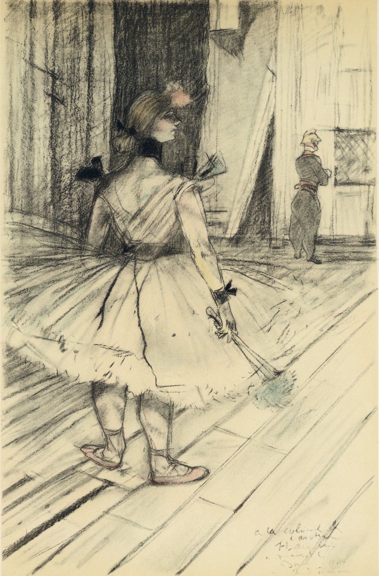 Henri de Toulouse-Lautrec, Dans les coulisses, The Circus by Toulouse-Lautrec, Limited Edition: Lithograph on velin paper. Unsigned and unnumbered. Paper Size: 12.125 x 9.25 inches. Excellent condition. Notes: From the album, The Circus by Toulouse-Lautrec, 1952. Published the Paris Book Center,