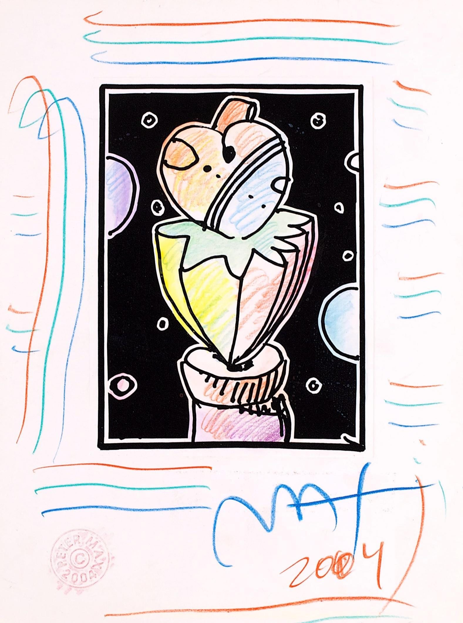 Peter Max, Abstract with Heart, Black and White Series, Hand Signed, Official Edition Mixed Media: Lithograph in colors, watercolor, colored pencil on Lustro Saxony paper. Paper size: 8.25 x 6 inches. Inscription: Hand signed by Peter Max and unnumbered, as issued. Condition: Excellent. Notes: