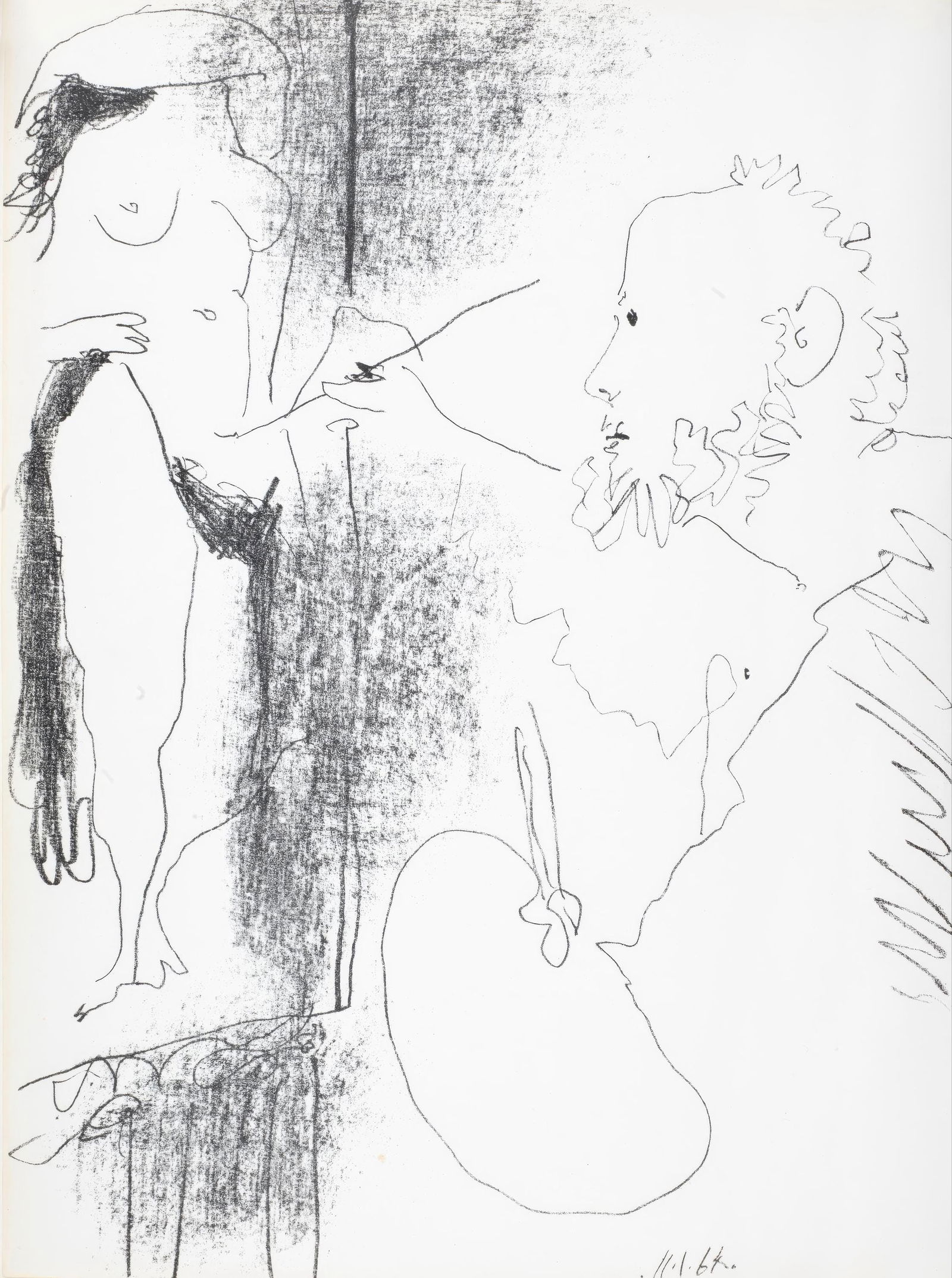 Pablo Picasso, The Artist and His Model, from Picasso Lithographe IV, 1956-1963, Limited Edition: This exquisite lithograph by Pablo Picasso (1881-1973), titled L'artiste et son modele (The Artist and His Model), from the album Picasso Lithographe IV, 1956-1963 (Picasso Lithographer IV,