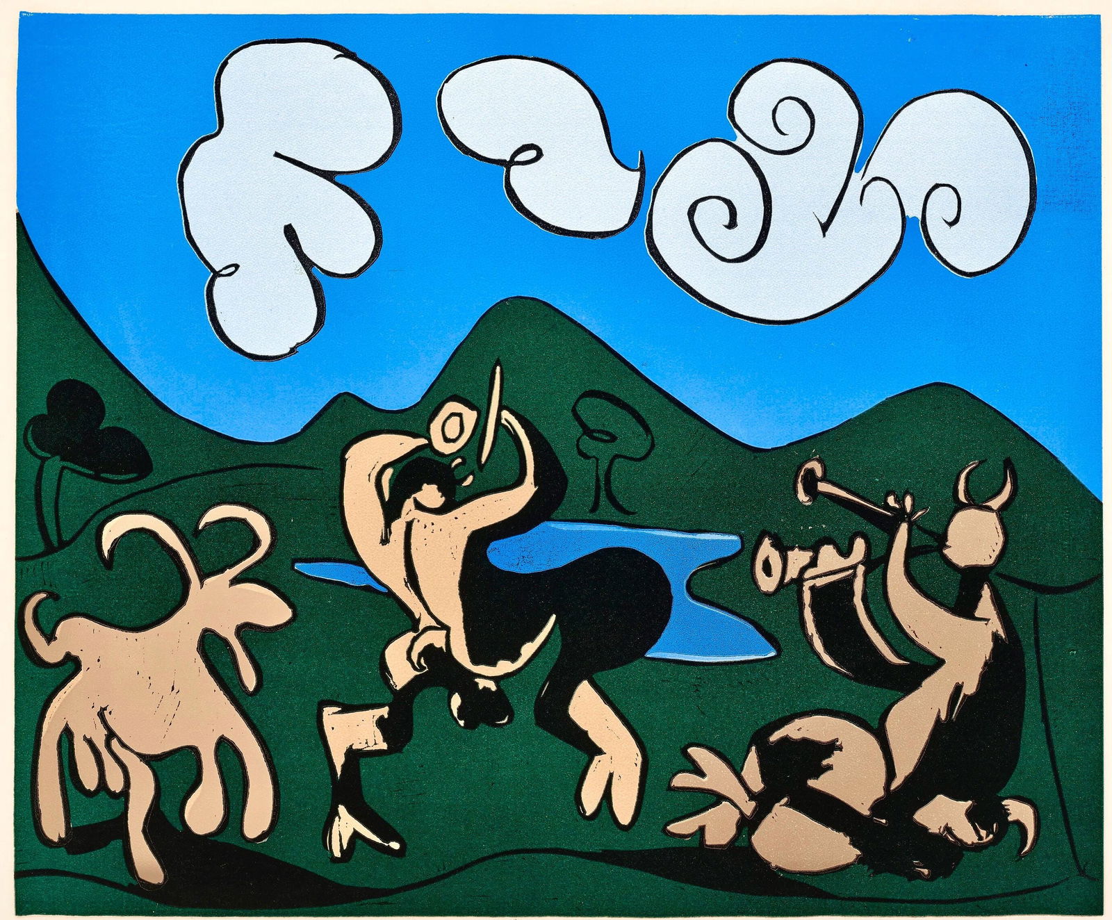 Pablo Picasso, Faunes et chevre (Orozco 214), Grabados al linoleo, Limited Edition Linocut: Linocut on velin paper. Paper Size: 12.5 x 14.5 inches; image size: 10.5 x 12.75 inches. Inscription: Unsigned and unnumbered, as issued. Catalogue raisonne reference: Orozco, M. (2018). Picasso. 70