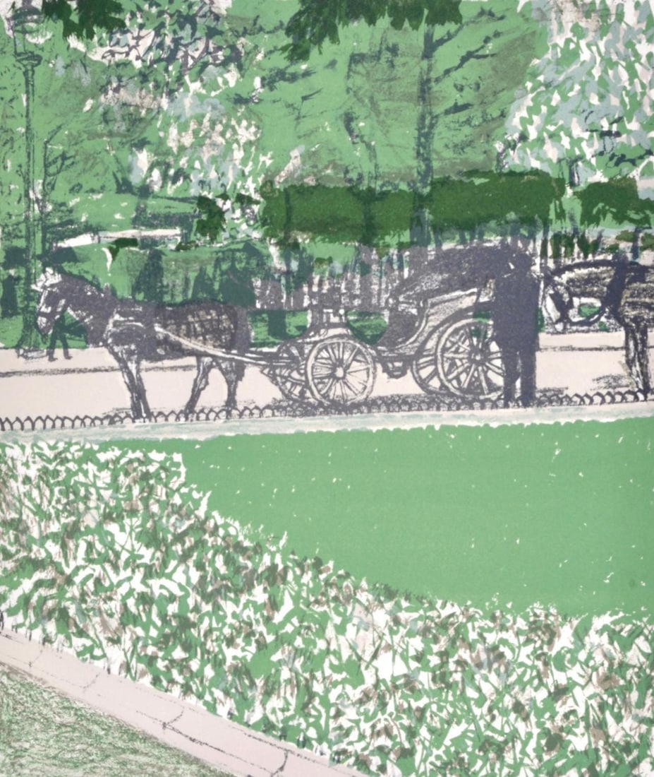 Maurice Brianchon, La Caleche dans le parc, Regards sur Paris, Limited Edition Lithograph: Lithograph on velin d'Arches paper. Paper size: 15.5 x 12 inches. Excellent condition. Inscription: unsigned and unnumbered, as issued. Notes: from the folio, Regards sur Paris, 1962. Published by And