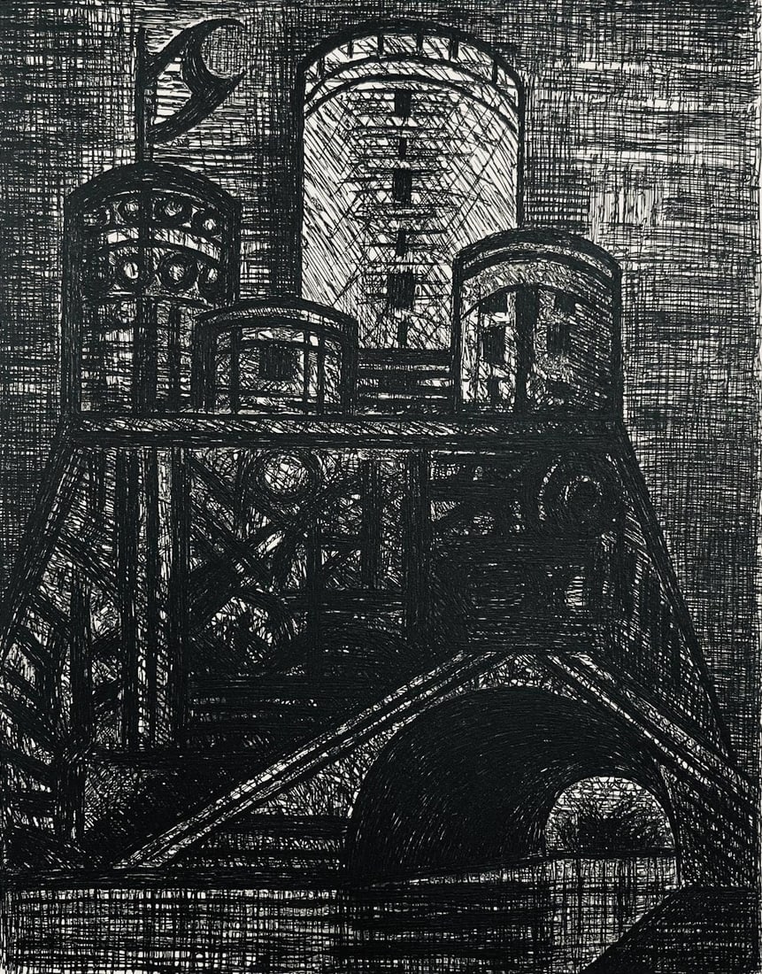 Marcel Gromaire, Le Donjon De Dunsinane, Scene XX, Shakespeare, Macbeth, Eaux-fortes de Gromaire,: Etching on velin de Rives paper. Unsigned and unnumbered, as issued. Paper Size: 16 x 12 inches. Excellent condition. Notes: From the folio, Shakespeare, Macbeth, Eaux-fortes de Gromaire, 1958.