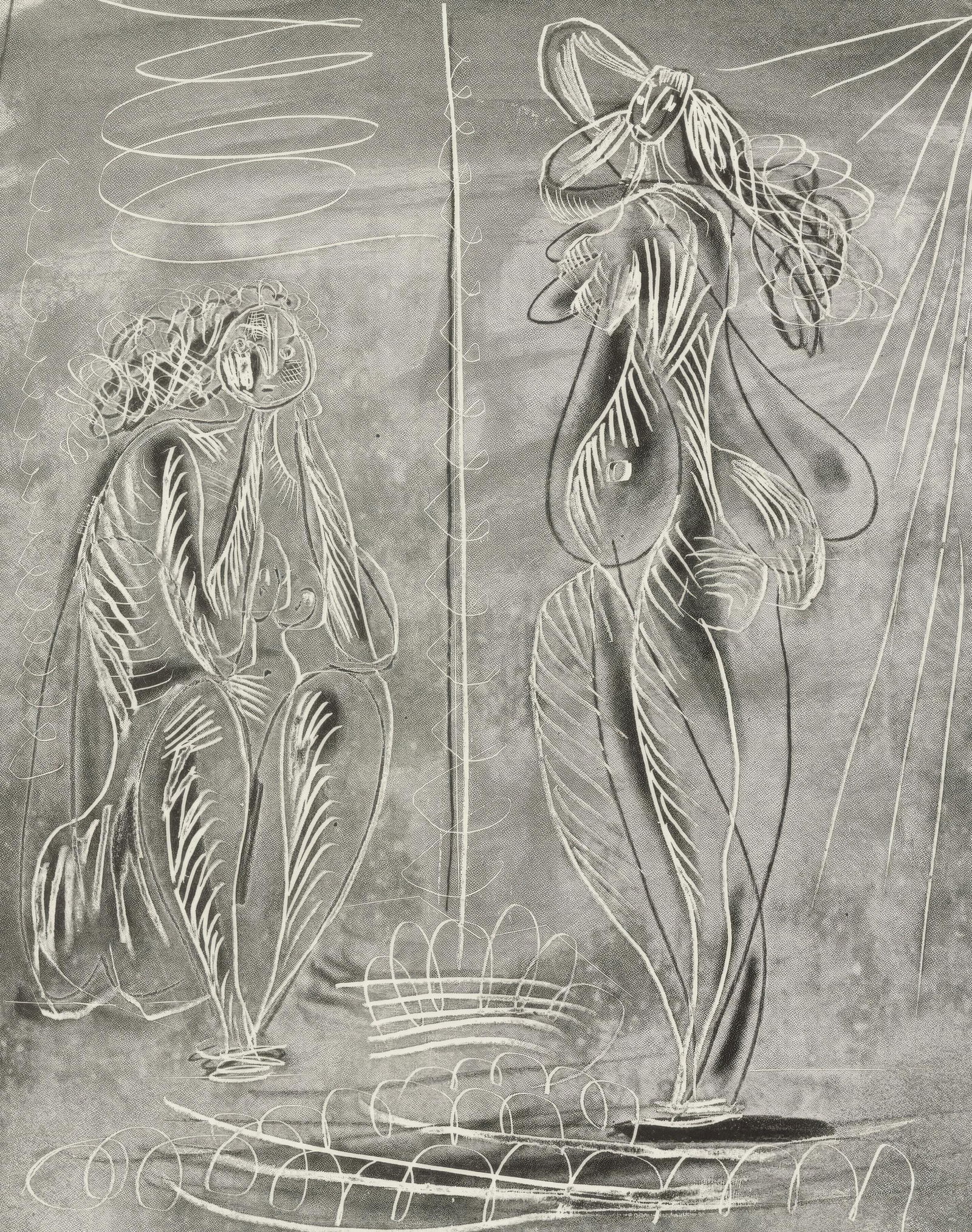 Pablo Picasso, Two Women, from The Honeysuckle, Limited Edition Zincograph, 1943: This exquisite zincograph by Pablo Picasso (1881-1973), titled Deux Femmes (Two Women), from the album Le Chevre-Feuille (The Honeysuckle), originates from the 1943 edition published by Robert-J. Gode