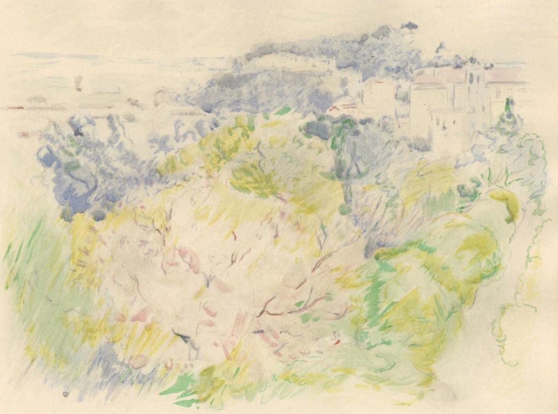Berthe Morisot, Montagne du Chateau a Nice vu de Cimiese, Berthe Morisot Seize Aquarelles, Limited: Lithograph and stencil on velin du Marais paper. Paper Size: 11 x 15 inches. Excellent condition. Inscription: Unsigned and unnumbered, as issued. Notes: From the folio, Berthe Morisot Seize