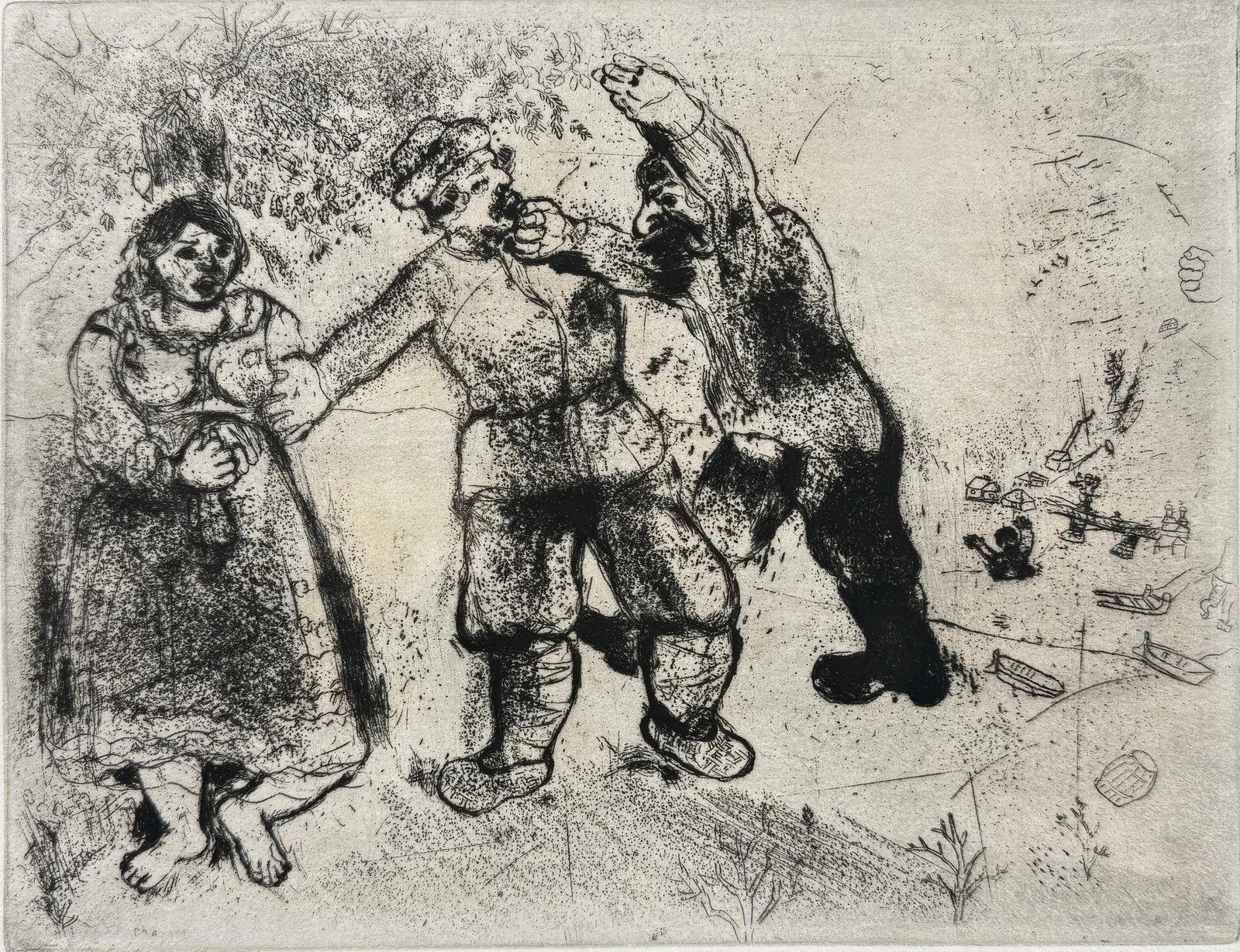 Marc Chagall, Grigori Go On and You Will Never Arrive, from Dead Souls, Limited Edition Etching,: This exquisite etching by Marc Chagall (1887-1985), titled Grigori va-toujours-et-tu-n-arriveras-pas (Grigori Go On and You Will Never Arrive), originates from the celebrated folio Nicolas Gogol, Les