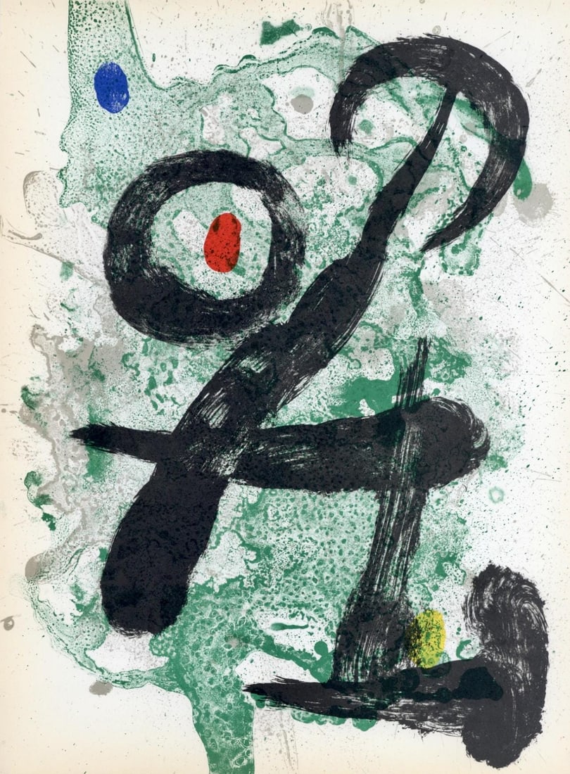 Joan Miro, Composition (Cramer 83; Mourlot 340-347), Derriere le miroir, Limited Edition Lithograph: Lithograph on velin paper. Paper size: 15 x 11 inches. Excellent condition. Inscription: Unsigned and unnumbered, as issued. Notes: From the volume, Derriere le miroir, N deg 139-140, 1963. Published