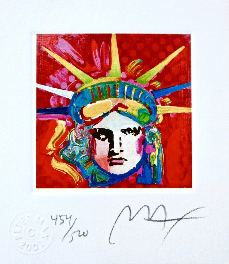 Peter Max, Liberty Head IV, Hand Signed, Official Limited Edition Lithograph: Lithograph in colors on Lustro Saxony paper. Paper size: 3.5 x 3 inches. Inscription: Hand signed by Peter Max and numbered, as issued. Condition: Excellent. Notes: Published and printed by Via Max, I