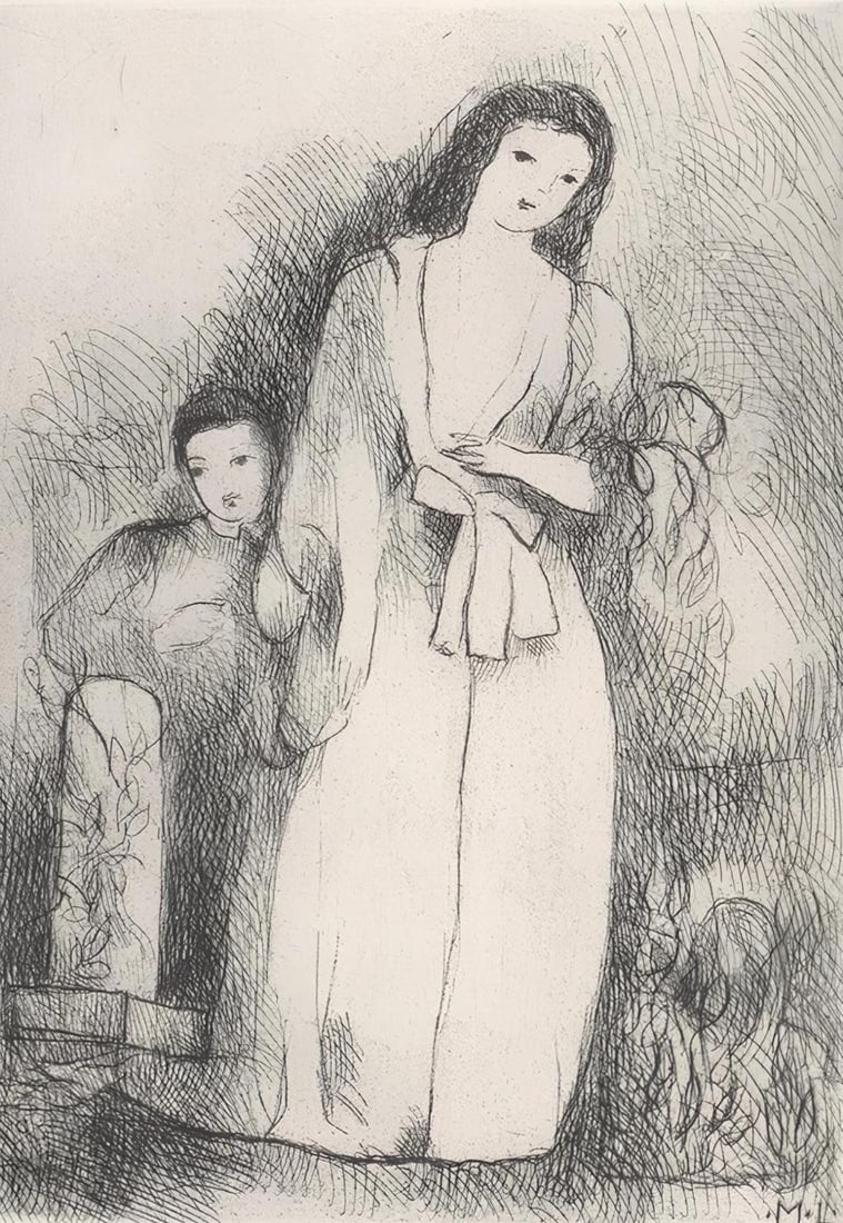 Marie Laurencin, Composition, Antares, Limited Edition Etching: Etching on velin de Rives BFK a la forme paper. Paper Size: 9.8 x 7.9 inches. Excellent condition. Inscription: Signed in the plate and unnumbered, as issued. Notes: From the album, Antares, eaux-fort