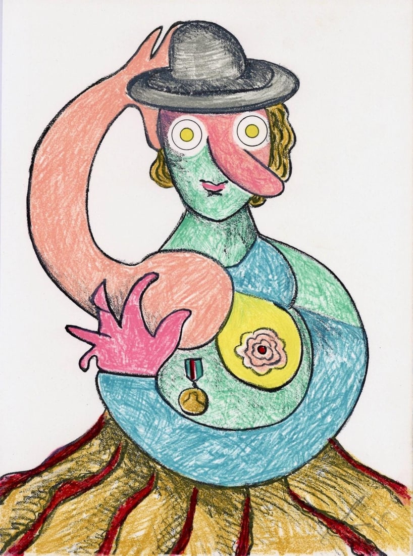 Enrico Baj, Composition, Variations sur l'imaginaire, Limited Edition Lithograph: Lithograph on velin de Rives paper. Paper size: 14.5 x 10.75 inches. Excellent condition. Inscription: hand signed and unnumbered, as issued. Notes: From the folio, Variations sur l'imaginaire, 1972.