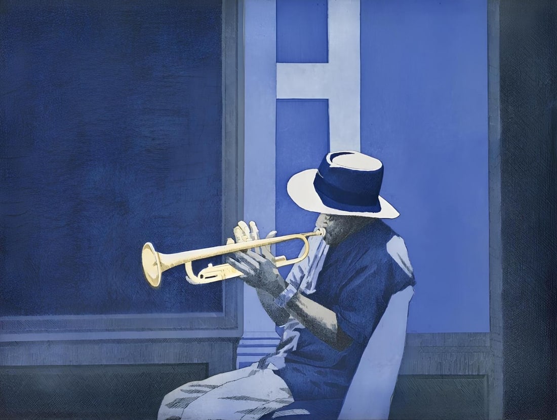 Dean Mitchell, Blue Angel, Music, Deep Rivers in My Soul, Limited Edition Etching: Etching in colors on Somerset velin paper. Paper Size: 20 x 23 inches. Excellent condition. Inscription: Unsigned and unnumbered, as issued. Notes: From the folio, Music, Deep Rivers in My Soul,