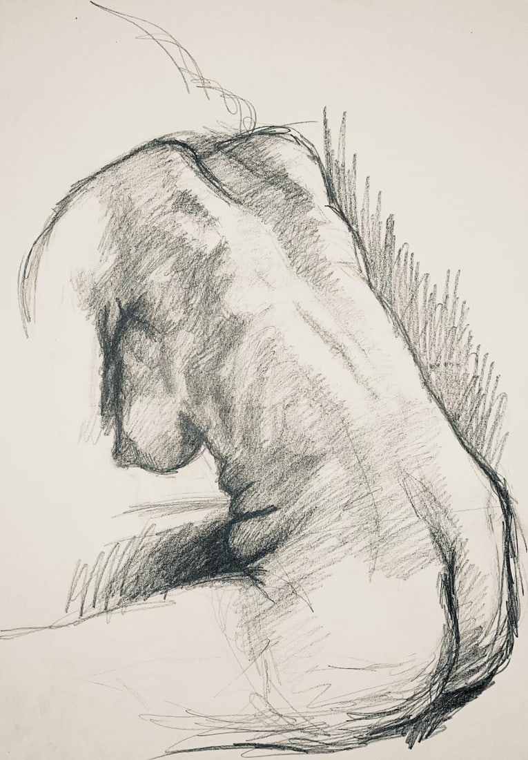Ian Hornak, Renaissance Female Nude Figure Study, 1963, Original Drawing: Charcoal on velin paper, circa 1963. Paper Size: 23 x 18 inches. Good condition, consistent with age. Inscription: Unsigned, Estate stamped, verso. Provenance: Estate of Ian Hornak, East Hampton. Note