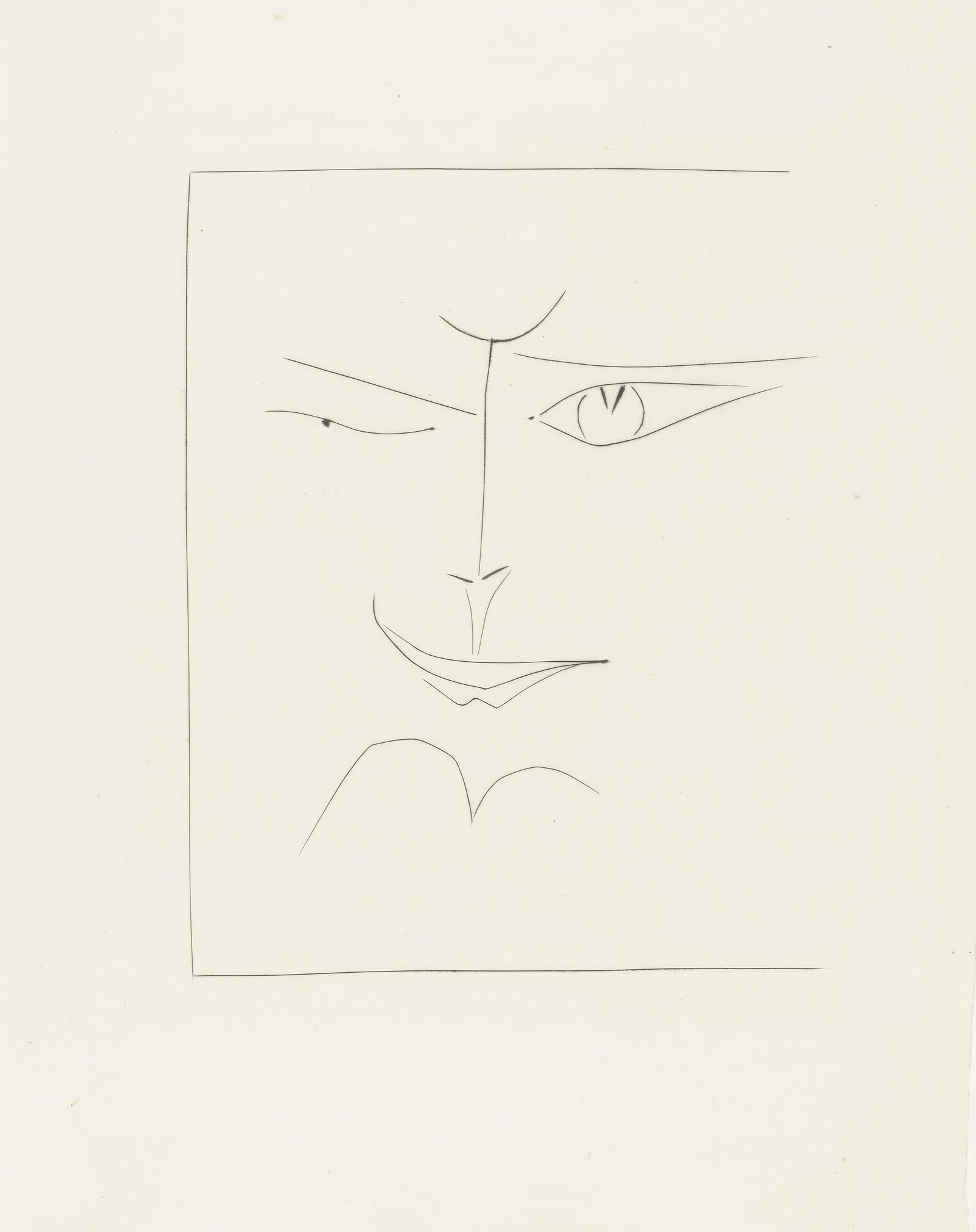 Pablo Picasso, Untitled, from Carmen, Limited Edition Engraving, 1949: This exquisite engraving by Pablo Picasso (1881-1973), titled Sans titre (Untitled), from the folio Picasso, Carmen (Picasso, Carmen), originates from the 1949 edition published by La Bibliotheque Fra
