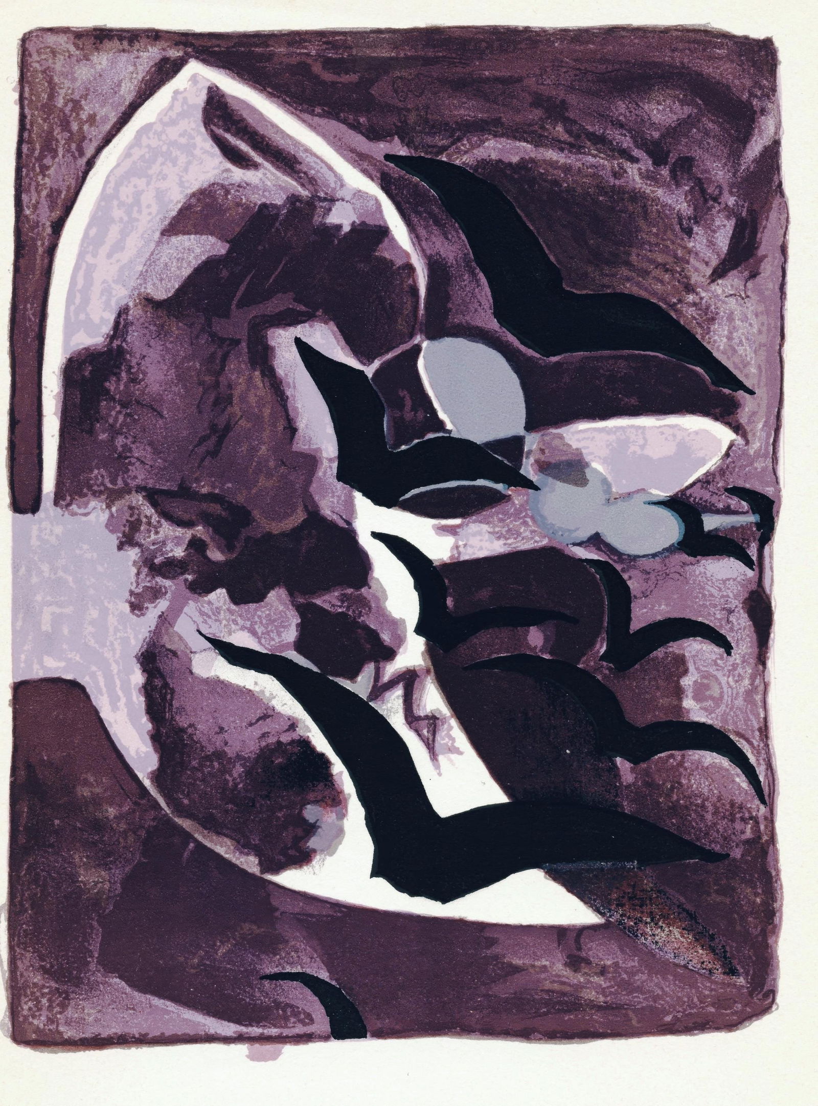 Georges Braque, Night Birds, from Prints from the Mourlot Press, Limited Edition Lithograph, 1964: This exquisite lithograph by Georges Braque (1882-1963), titled Oiseaux de nuit (Night Birds), from the album Prints from the Mourlot Press, exhibition sponsored by the French Embassy, circulated by