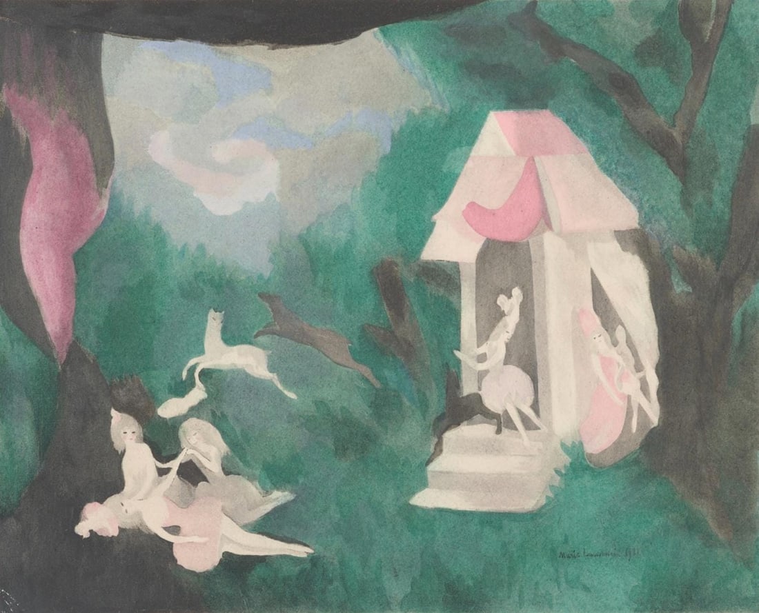 Marie Laurencin, Composition, Les Biches, Limited Edition Lithograph: Lithograph and stencil on papier velin des Manufactures d'Arches paper. Unsigned and unnumbered, as issued. Paper size: 8.875 x 11 inches. Excellent condition. Notes: From the volume, Les Biches,