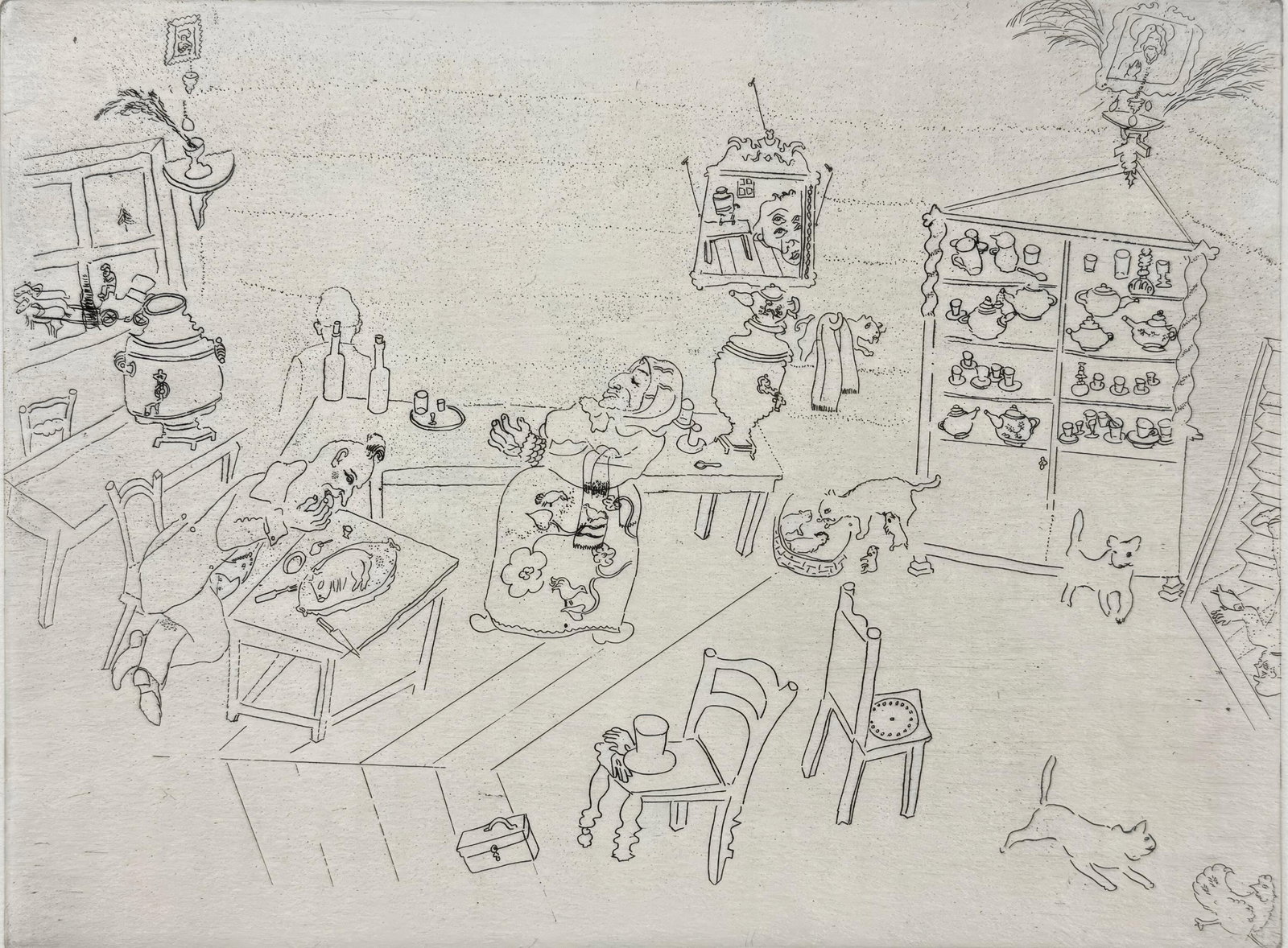 Marc Chagall, Meal at the Inn, from Dead Souls, Limited Edition Etching, 1923-1927: This exquisite etching by Marc Chagall (1887-1985), titled Repas dans le traktir (Meal at the Inn), originates from the celebrated folio Nicolas Gogol, Les Ames mortes, Eaux-fortes originales de Marc