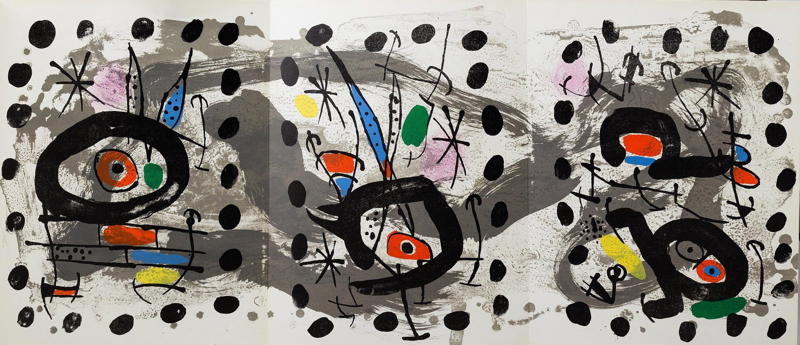 Joan Miro, Composition (Mourlot, 567), XXe siecle, Limited Edition Lithograph: Lithograph on velin paper. Paper Size: 12.5 x 29.25 inches. Excellent condition, with trifold, as issued. Inscription: Unsigned and unnumbered, as issued. Notes: From the volume, XXe Siecle, n deg28,