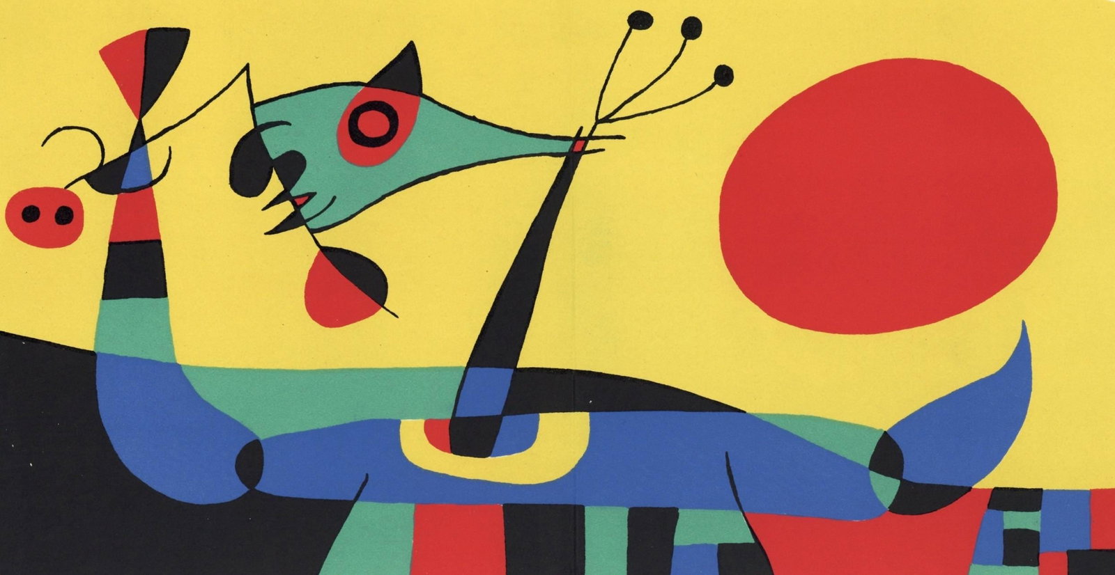 Joan Miro, Composition (Cramer 39), Joan Miro, Limited Edition Lithograph: Lithograph on velin paper. Paper Size: 9 x 15 inches. Excellent condition, with centerfold, as issued. Inscription: Unsigned and unnumbered, as issued. Notes: From volume, Joan Miro by Jacques