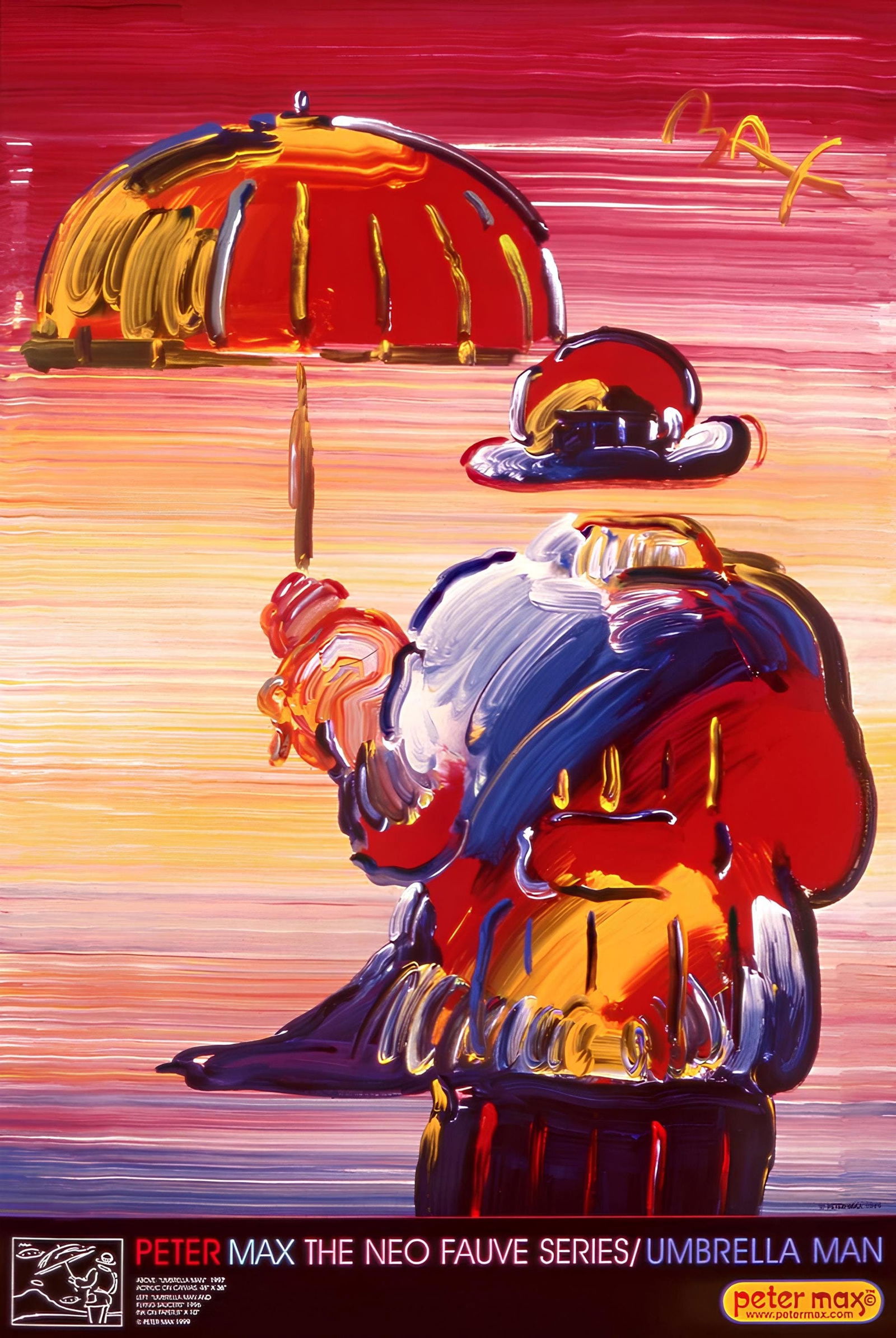 Peter Max, Umbrella Man, 1999, Hand Signed, Official Edition Offset Lithograph: Offset lithograph in colors on gloss archival paper. Paper size: 36 x 24 inches. Inscription: Hand signed by Peter Max in ink and unnumbered, as issued. Condition: Excellent. Notes: Published and prin