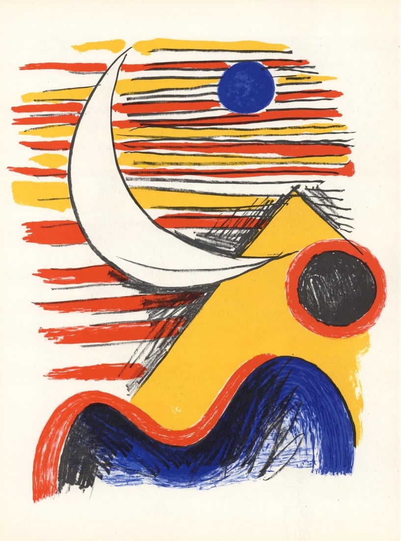 Alexander Calder, Composition, Derriere le miroir, Limited Edition Lithograph: Lithograph on velin paper. Paper Size: 15 x 11 inches. Excellent condition. Inscription: Unsigned and unnumbered, as issued. Notes: From Derriere le miroir, N deg 121-122, 1960. Published by Aime