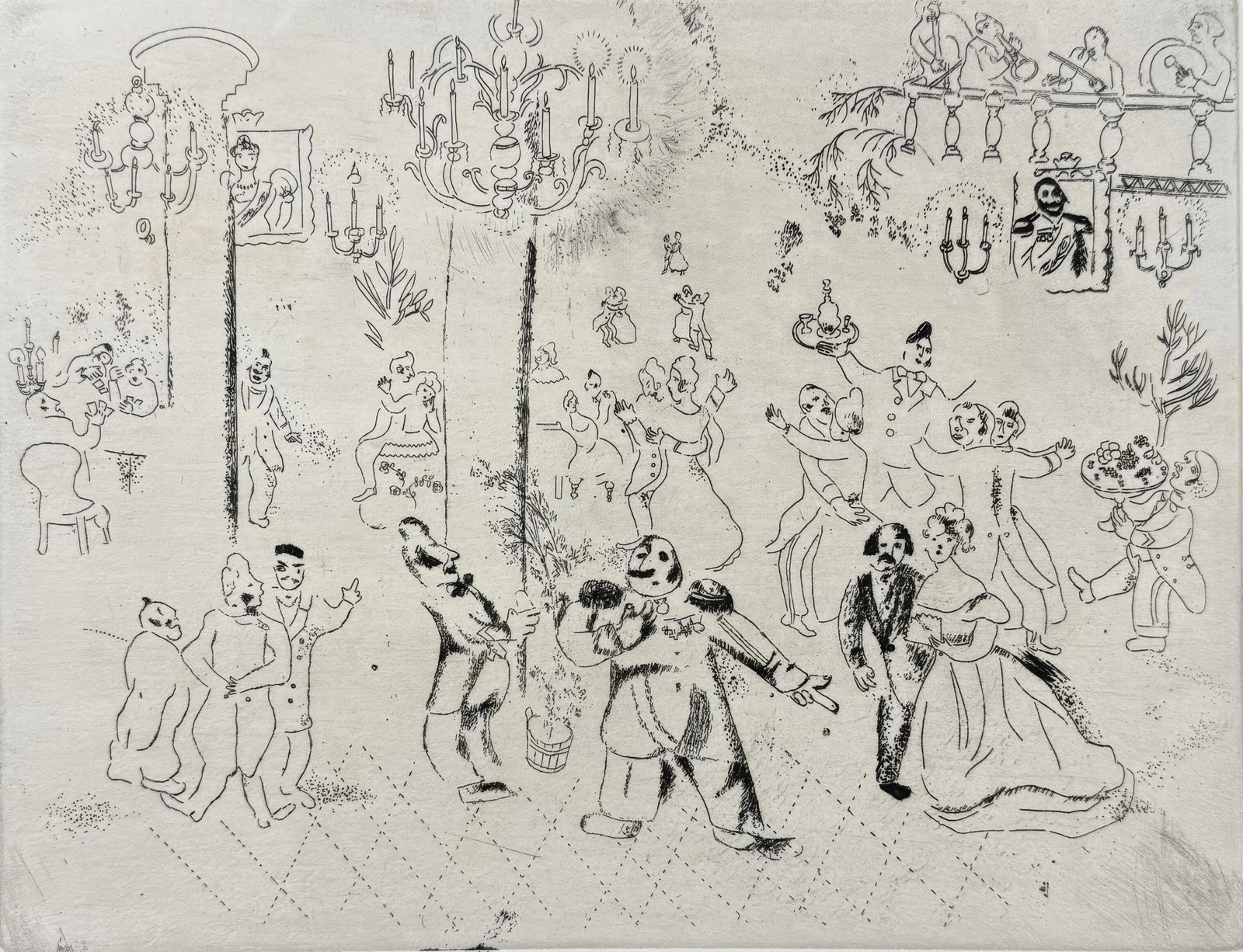 Marc Chagall, The Dreams of Tchitchikov, from Dead Souls, Limited Edition Etching, 1923-1927: This exquisite etching by Marc Chagall (1887-1985), titled La Soiree chez le gouverneur (The Evening at the Governors House), originates from the celebrated folio Nicolas Gogol, Les Ames mortes,