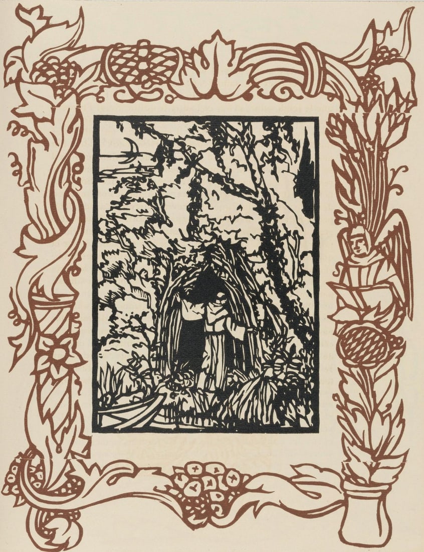 Emile Bernard, Composition (Morane, No. 100), Les Petites Fleurs de St. Francoise, Limited Edition: Wood engraving on verge d'Arches paper. Paper size: 12.8125 x 9.8125 inches. Excellent condition. Unsigned and unnumbered, as issued. Notes: From the volume, Les Petites Fleurs de St. Francois, 1928.