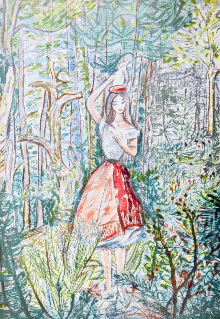 Louis Touchagues, La laitiere, Vingt fables de La fontaine, Limited Edition Woodcut: Woodcut on velin d'Arches paper. Paper size: 15 x 10.75 inches. Excellent condition. Inscription: signed in the plate and unnumbered, as issued. Notes: from the folio, Vingt fables de La fontaine, 196