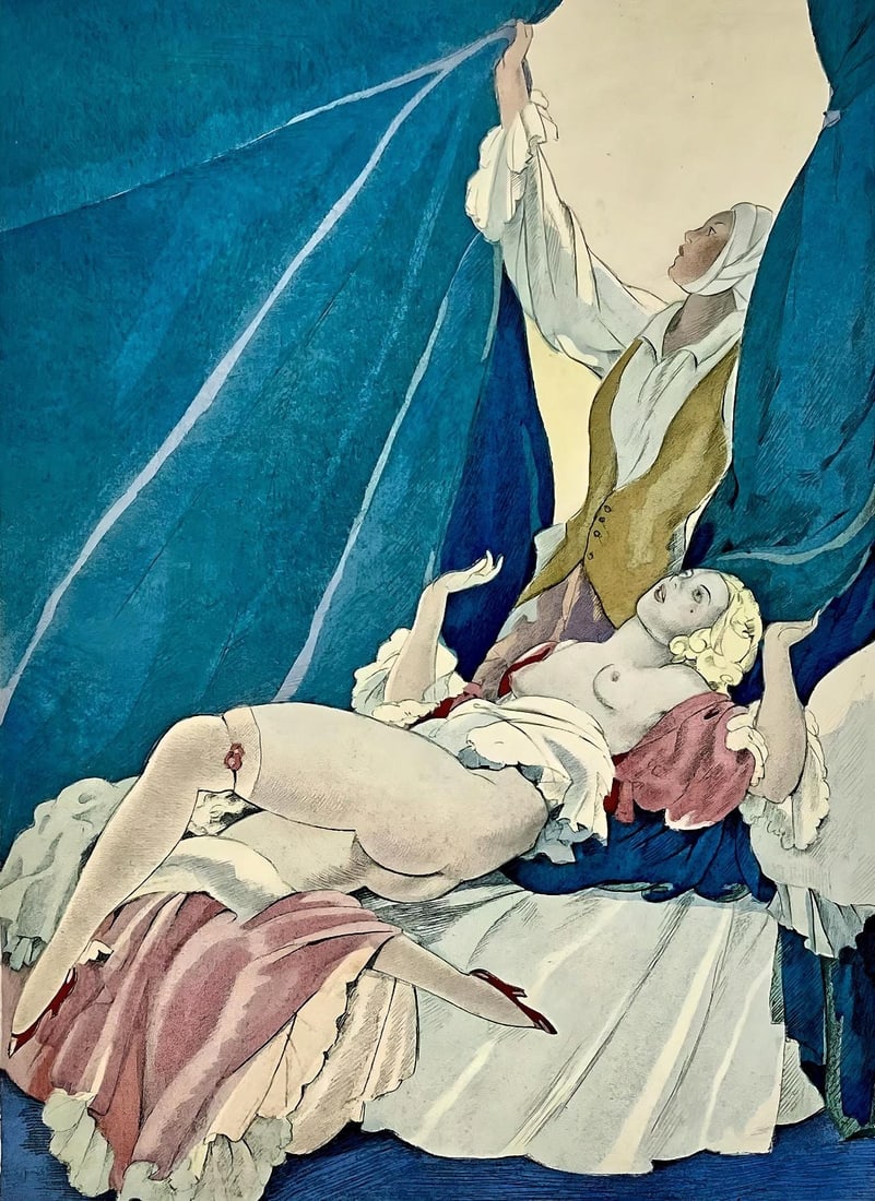 Umberto Brunelleschi, Composition, La Lecon d'amour dans un parc, Limited Edition Lithograph: Lithograph and stencil on velin d'Arches paper. Paper size: 13.11 x 10.039 inches. Excellent condition. Unsigned and unnumbered, as issued. Notes: From the volume, La Lecon d'amour dans un parc,