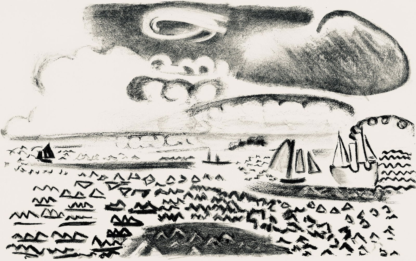 Raoul Dufy, Composition, Les Cotes Normandes, Limited Edition Lithograph: Lithograph on grand velin d'Arches special paper. Unsigned and unnumbered. Paper Size: 14.8 x 22 inches. Excellent condition with centerfold, as issued. Notes: From the folio, Les Cotes Normandes 1961