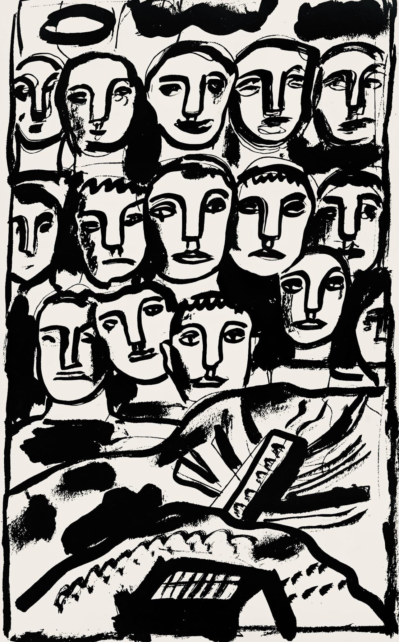 Fernand Leger, Composition, Levers de rideau sur la question du bonheur, Limited Edition Lithograph: Lithograph on velin blanc Grillet et Feau paper. Paper Size: 12.6 x 9.84 inches. Excellent condition. Inscription: Unsigned and unnumbered, as issued. Notes: From the volume, Levers de rideau sur la