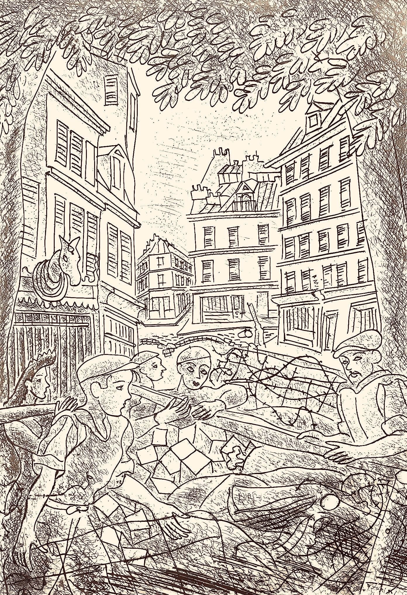 Louis Touchagues, Composition, Jours de gloire, Histoire de la liberation de Paris, Limited Edition: Etching on papeteries velin de Lana paper. Paper size: 11.024 x 8.66 inches. Excellent condition, with full margins. Inscription: unsigned and unnumbered, as issued. Notes: From the folio, Jours de