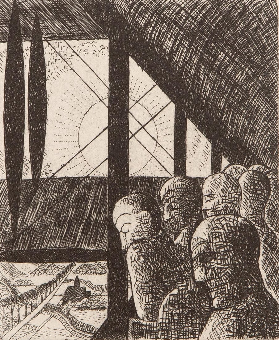 Marcel Gromaire, Composition, Vers un monde volage, Limited Edition Etching: Etching on velin d'Arches paper. Paper size: 11 x 8.75 inches. Excellent condition. Inscription: Unsigned and unnumbered, as issued. Notes: From the album, Vers un monde volage. Illustre de dix