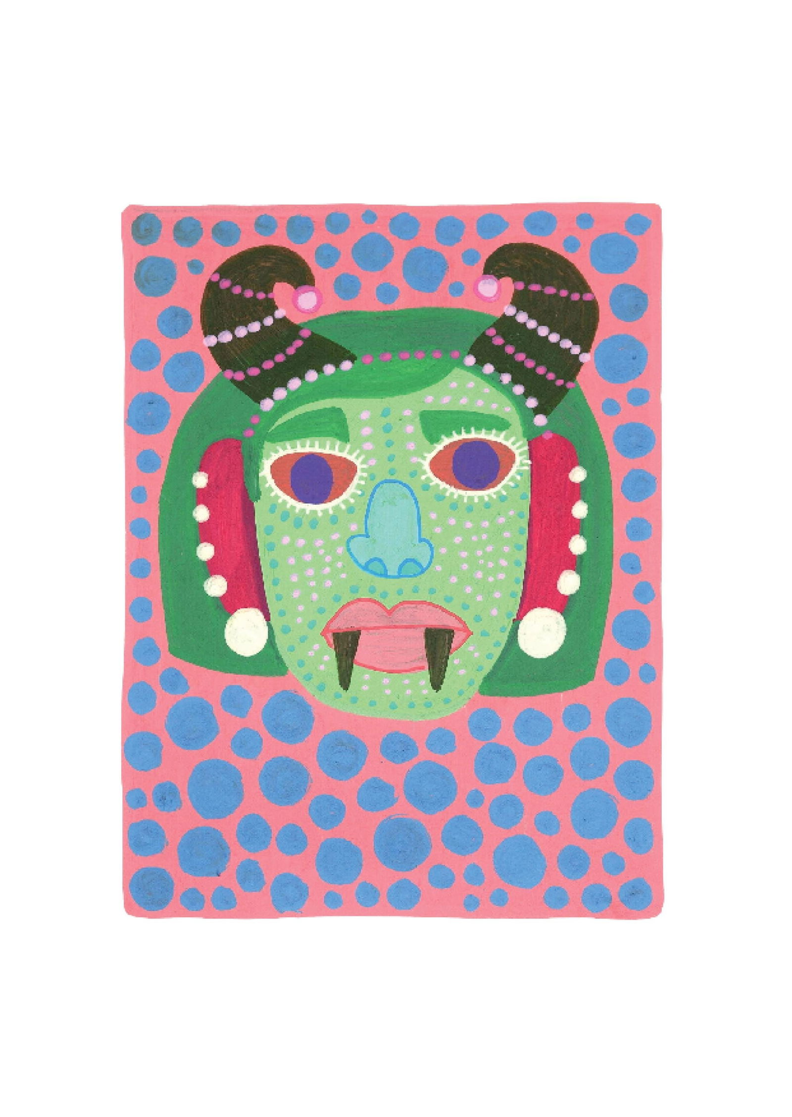 Evil Eye Mask 27: Inspired by the South Indian Drishti Bommai mask; a protective talisman traditionally represented as a doll; this artwork draws from a visual language widely seen across South India. These figures