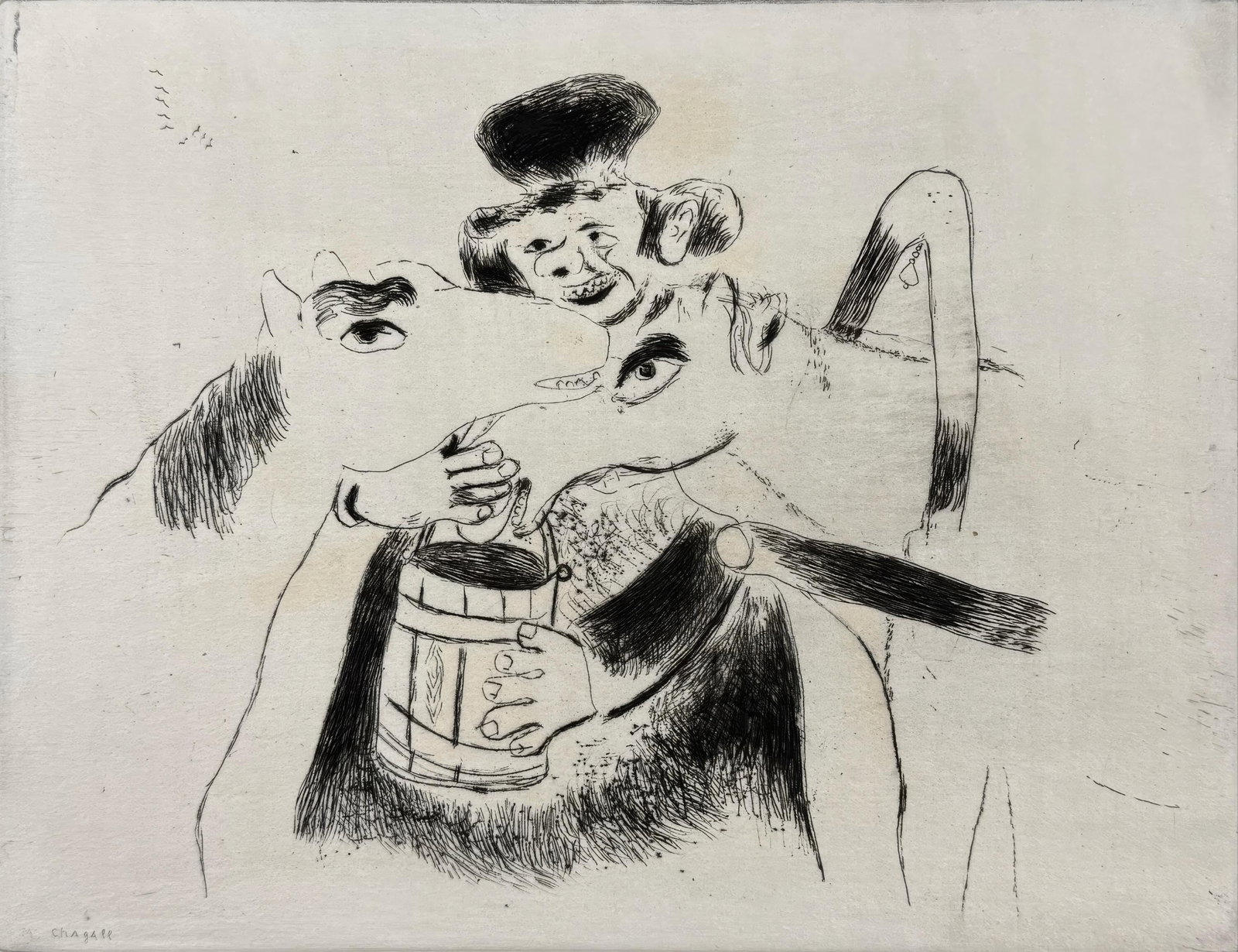 Marc Chagall, The Appearance of the Policemen, from Dead Souls, Limited Edition Etching, 1923-1927: This exquisite etching by Marc Chagall (1887-1985), titled Le cocher donne a manger aux chevaux (The Coachman Feeds the Horses), originates from the celebrated folio Nicolas Gogol, Les Ames mortes, Ea