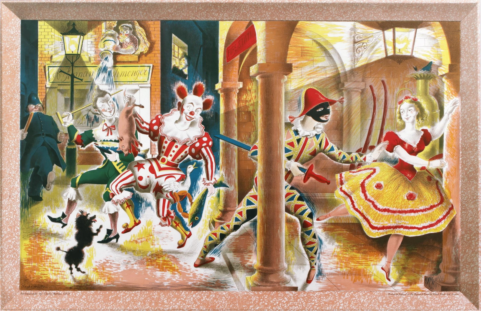 Clarke Hutton, Harlequinade, S.P.13., from School Prints Ltd., Limited Edition Lithograph, 1946: This exquisite lithograph by Clarke Hutton (1898-1984), titled Harlequinade, S.P.13., originates from the School Prints Ltd. series, published by School Prints Ltd., London, under the direction of Bre