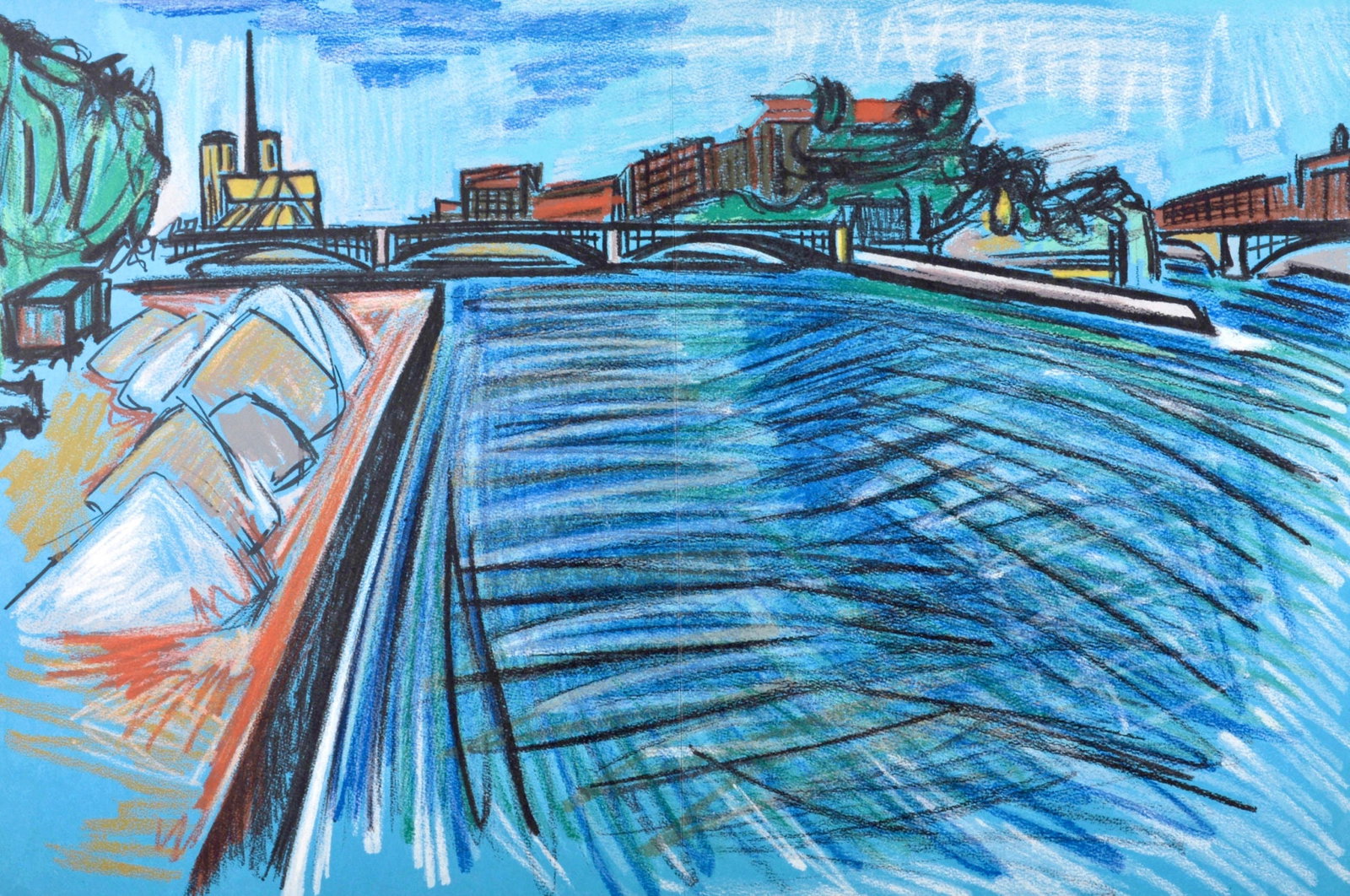 Isis Kischka, Pont des Arts, Au Temps de Paris Seine, Limited Edition Lithograph: Lithograph on grand velin des Papeteries de Lana paper. Unsigned and unnumbered. Paper Size: 15 x 22 inches. Excellent condition, with centerfold, as issued. Notes: From the folio, Au Temps de Paris S