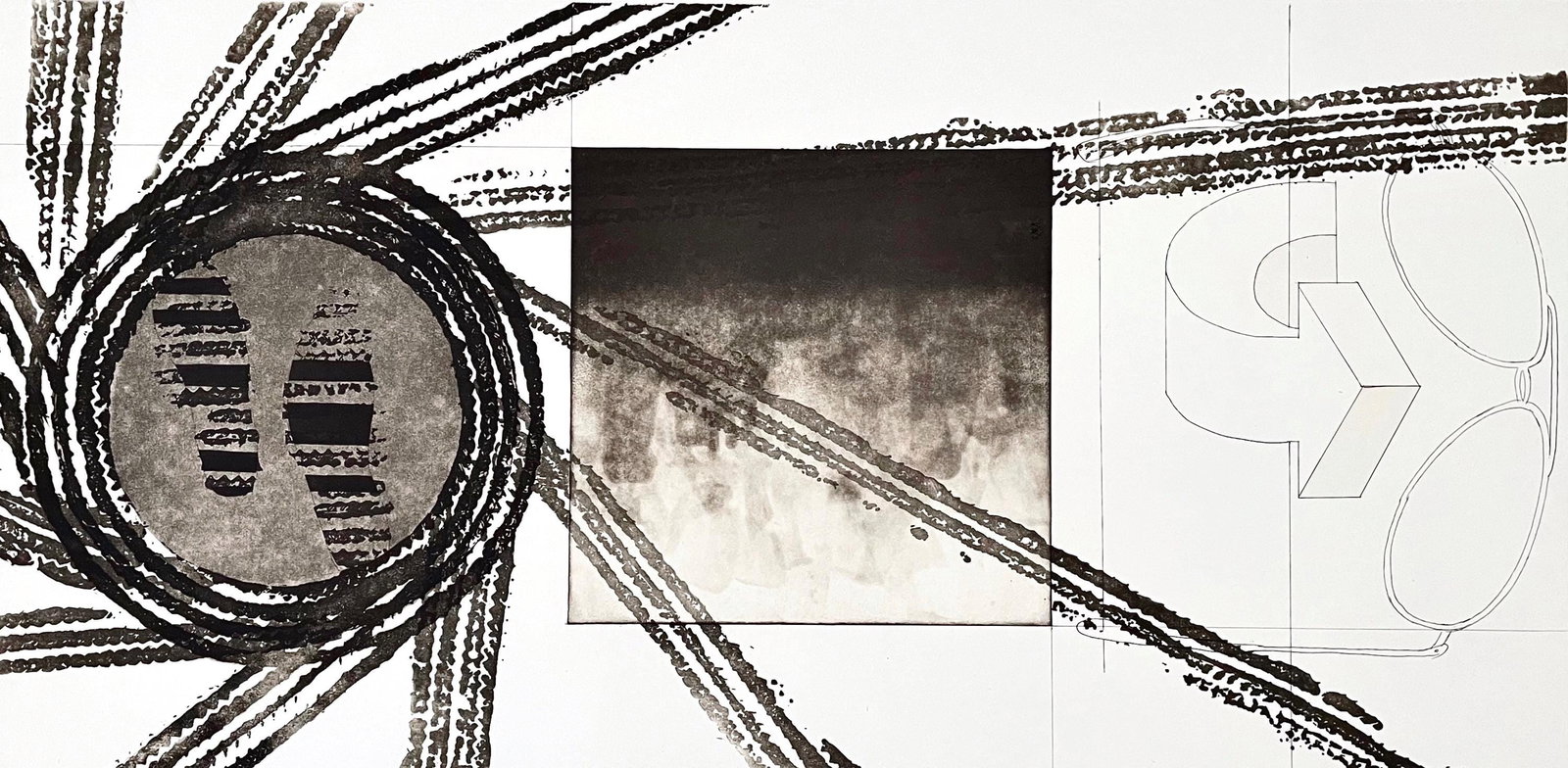 James Rosenquist, Gravity Feed, State II (Glenn 147-A), Limited Edition Etching: Etching, aquatint stencil on velin Pescia Italia paper. Paper Size: 22.75 x 40 inches. Inscription: Hand signed and numbered, as issued. Catalogue raisonne references: Glenn, Constance W., et al. Time