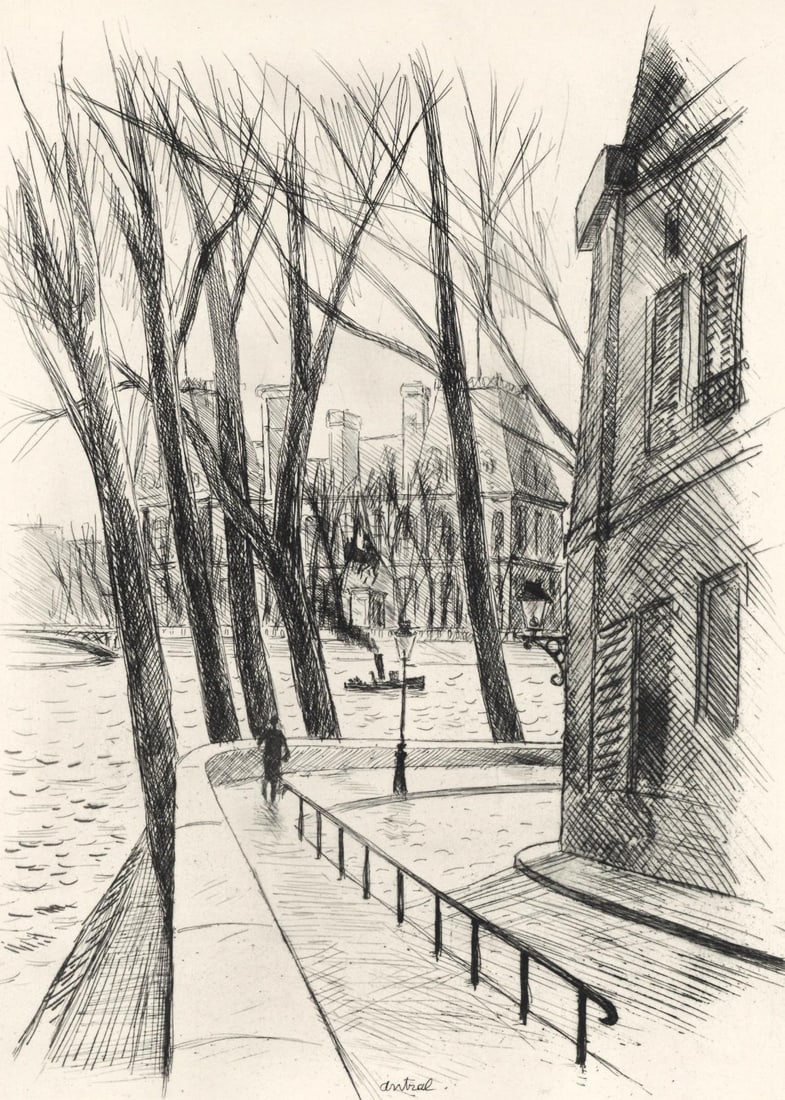 Robert Louis Antral, L'Hotel de Ville, A La gloire a Paris, Limited Edition Etching: Etching on velin Canson et Montgolfier paper. Unsigned and unnumbered. Paper Size: 13.5 x 10.5 inches. Excellent condition. Notes: From the folio, A La gloire a Paris, 1937. Published by L'Imprimerie