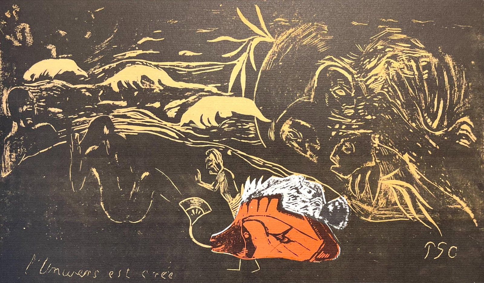 Paul Gauguin, The Creation of the Universe (L'Univers est cree), Limited Edition Woodcut: Woodcut on velin Utopian paper. Paper Size: 13 x 17 inches. Excellent condition. Inscription: Unsigned and unnumbered, as issued. From the folio, Gauguin, A portfolio of 12 color woodblocks, Paul