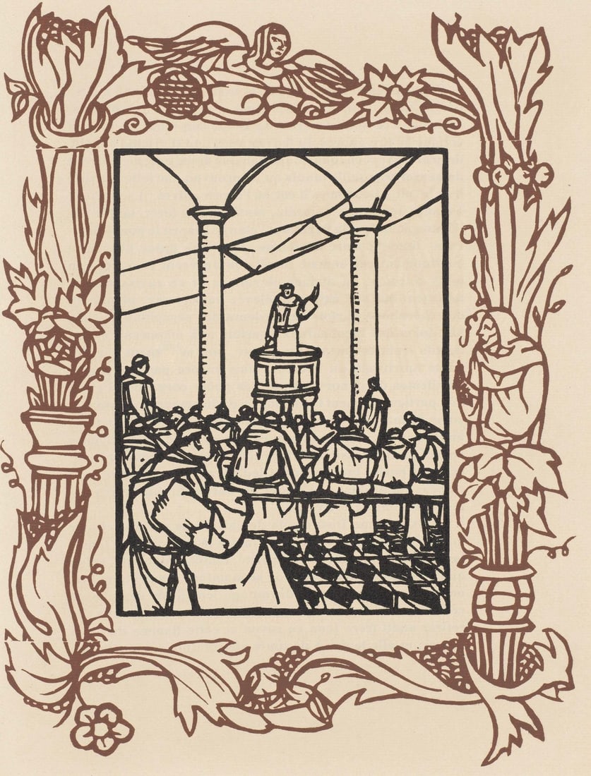 Emile Bernard, Composition (Morane, No. 100), Les Petites Fleurs de St. Francoise, Limited Edition: Wood engraving on verge d'Arches paper. Paper size: 12.8125 x 9.8125 inches. Excellent condition. Unsigned and unnumbered, as issued. Notes: From the volume, Les Petites Fleurs de St. Francois, 1928.