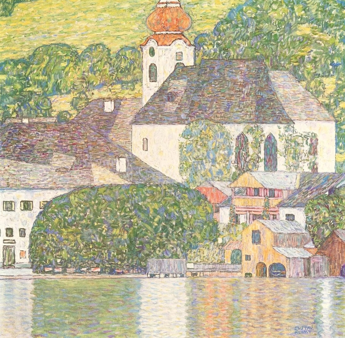 Gustav Klimt, Kirche am Wolfgangsee, from Eine Nachlese, Limited Edition Heliogravure and Collotype: Heliogravure and collotype with metallic inks on velin paper. Paper size: 18.86 x 17.91 inches, overall; 12.01 x 12.09 inches, image size. Inscription: Signed in the plate, and unnumbered, as issued.