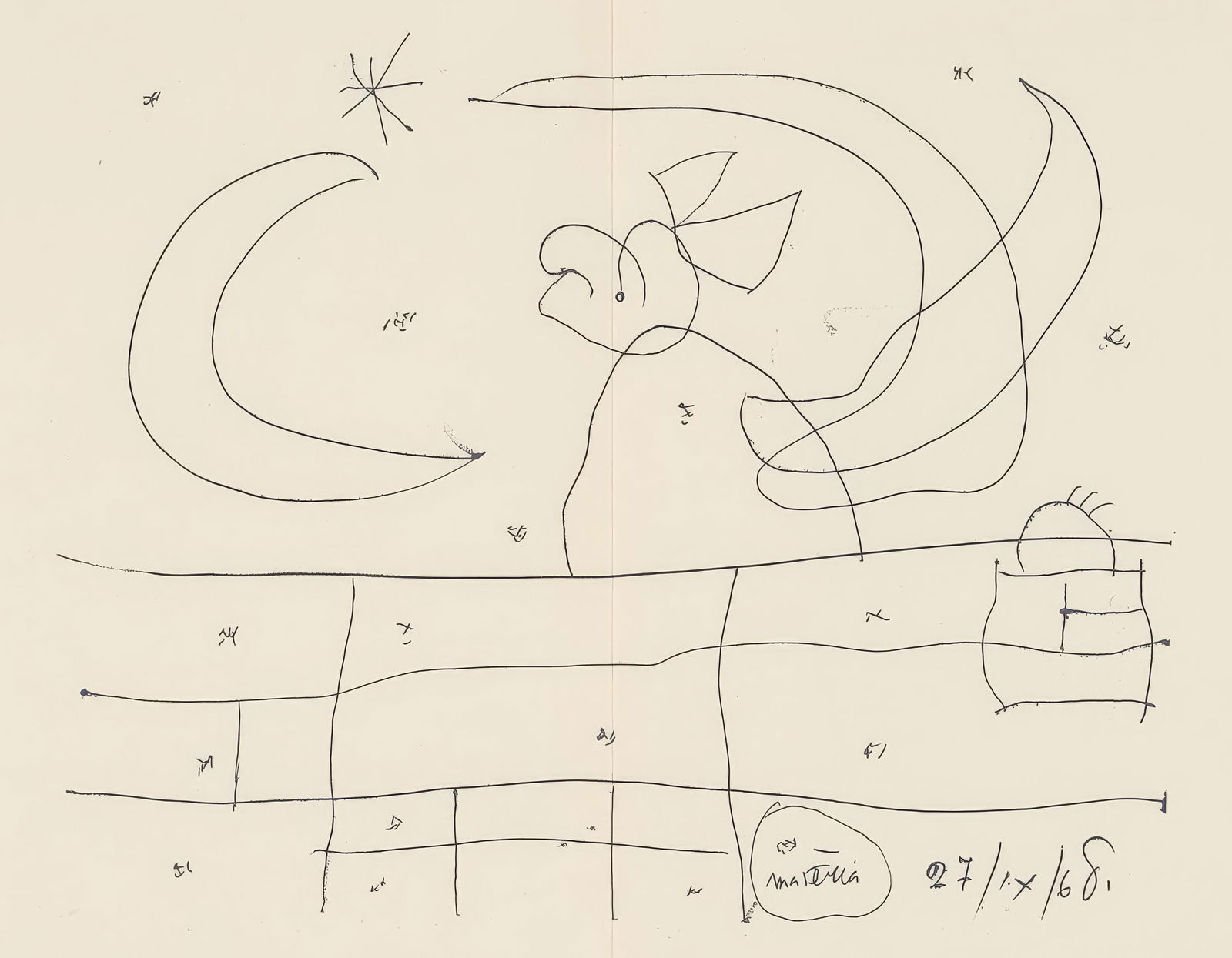 Joan Miro, Untitled, from Tarragona Tapestry, Limited Edition Lithograph, 1972: This exquisite lithograph after Joan Miro (1893-1983), titled Sans titre (Untitled), from the folio Tapis De Tarragona (Tarragona Tapestry), illustrations, Joan Miro, 1972, originates from the 1972 ed