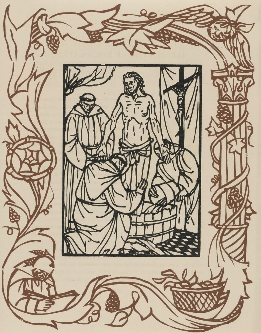 Emile Bernard, Composition (Morane, No. 100), Les Petites Fleurs de St. Francoise, Limited Edition: Wood engraving on verge d'Arches paper. Paper size: 12.8125 x 9.8125 inches. Excellent condition. Unsigned and unnumbered, as issued. Notes: From the volume, Les Petites Fleurs de St. Francois, 1928.