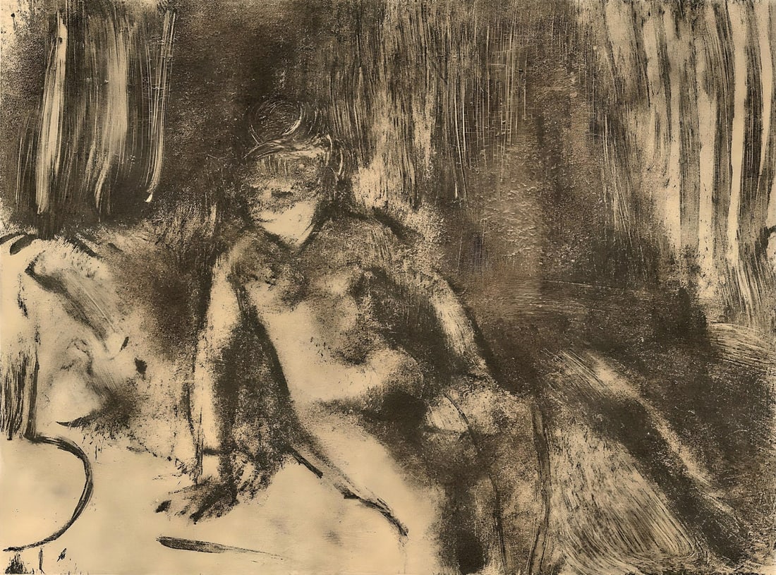 Edgar Degas, Le Coucher, E. Degas Monotypes, Limited Edition Monotype: Engraving on velin du Marais paper. Unsigned and unnumbered, as issued. Paper Size: 12.25 x 9.125 inches. Excellent condition. Notes: From the volume, E. Degas Monotypes, 1948. Published by Quatre Che