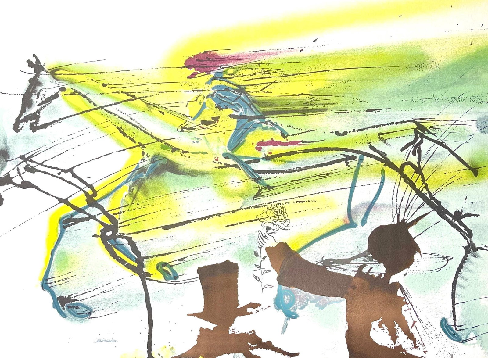 Salvador Dali, Le Cheval de Course, Les Chevaux de Dali, Fac-simile Signed, Limited Edition: Lithograph in colors on pur chiffon velin d'Arches paper. Paper size: 14.37 x 22.24 inches. Inscription: Fac-simile signed and unnumbered, as issued. Condition: Very good/excellent, consistent with ag