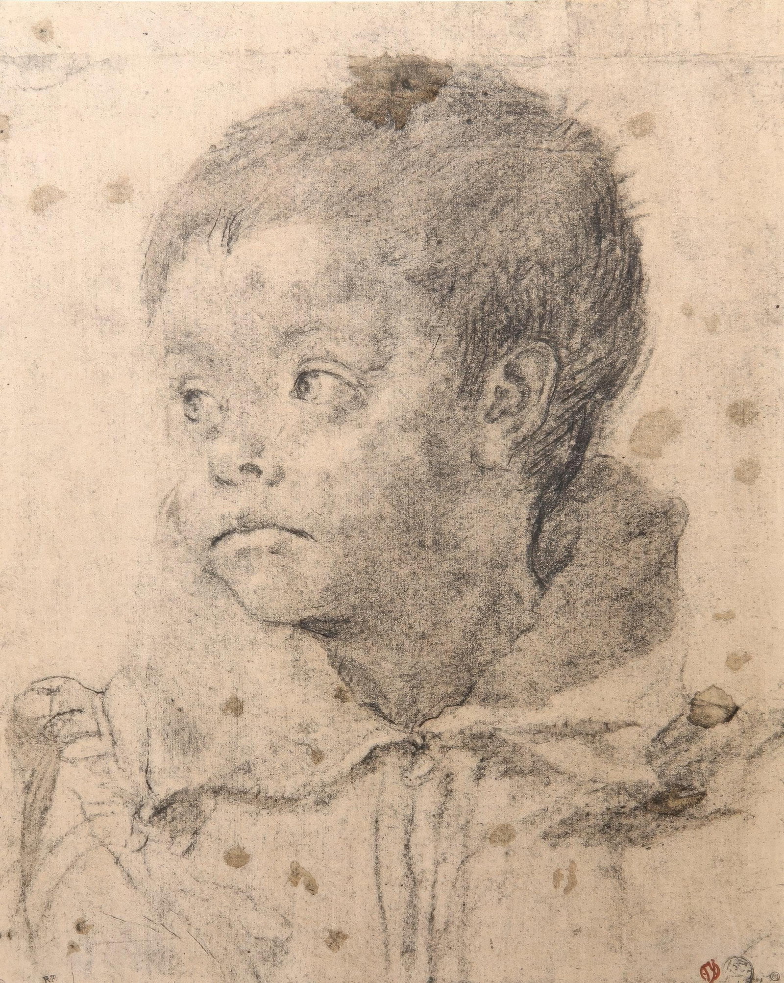 Annibale Carracci, Portrait of a young boy, Limited Edition Lithograph and Pochoir, 1968: This exquisite lithograph and pochoir by Annibale Carracci (1560-1609), titled Portrait d un jeune garcon (Portrait of a young boy), originates from the 1968 folio Visages d Enfants. Quinze Dessins de