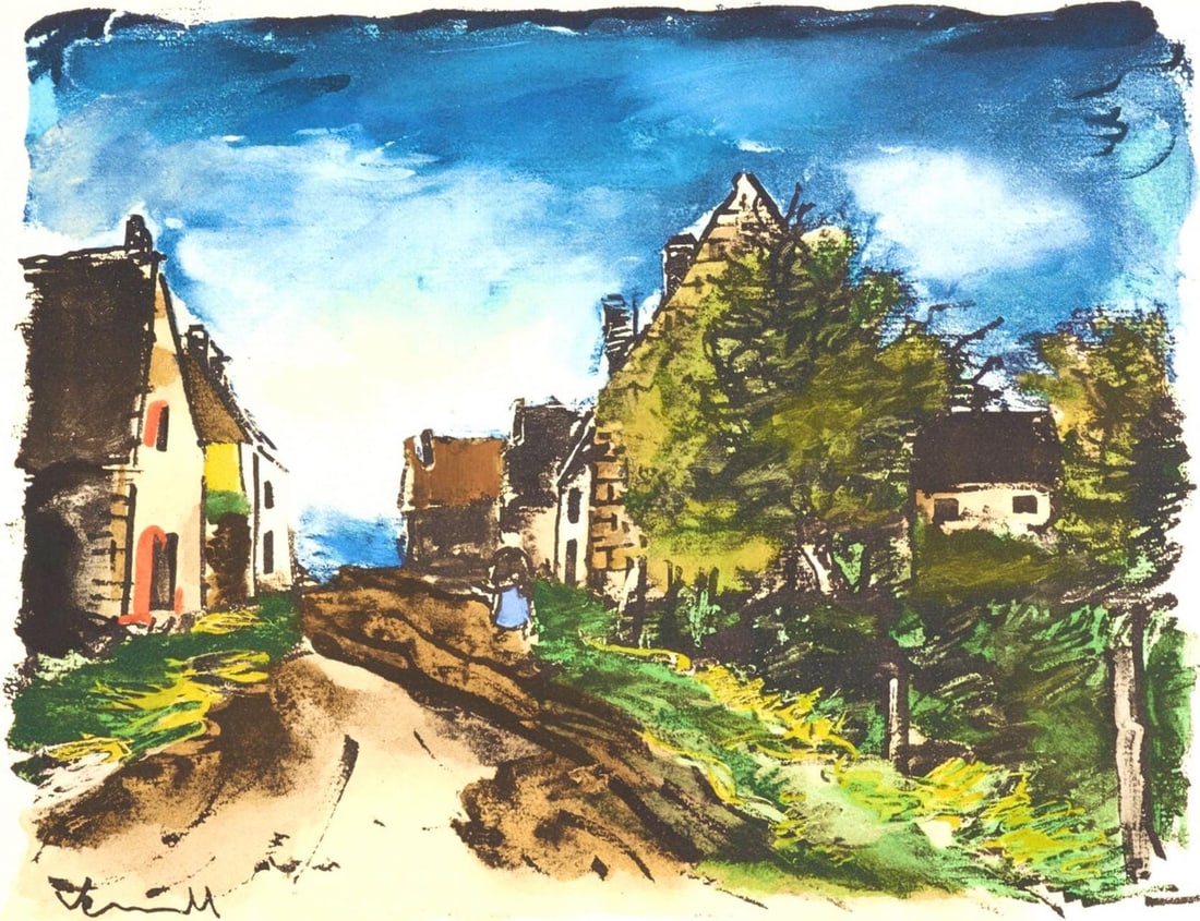 Maurice de Vlaminck, Paysage d'Ile-de-France, Douze Contemporains, Limited Edition Lithograph: Lithograph and stencil on velin paper. Paper size: 13.25 x 18.25 inches. Excellent condition. Unsigned and unnumbered, as issued. Notes: From the folio, Douze Contemporains, 1959. Published by Edition