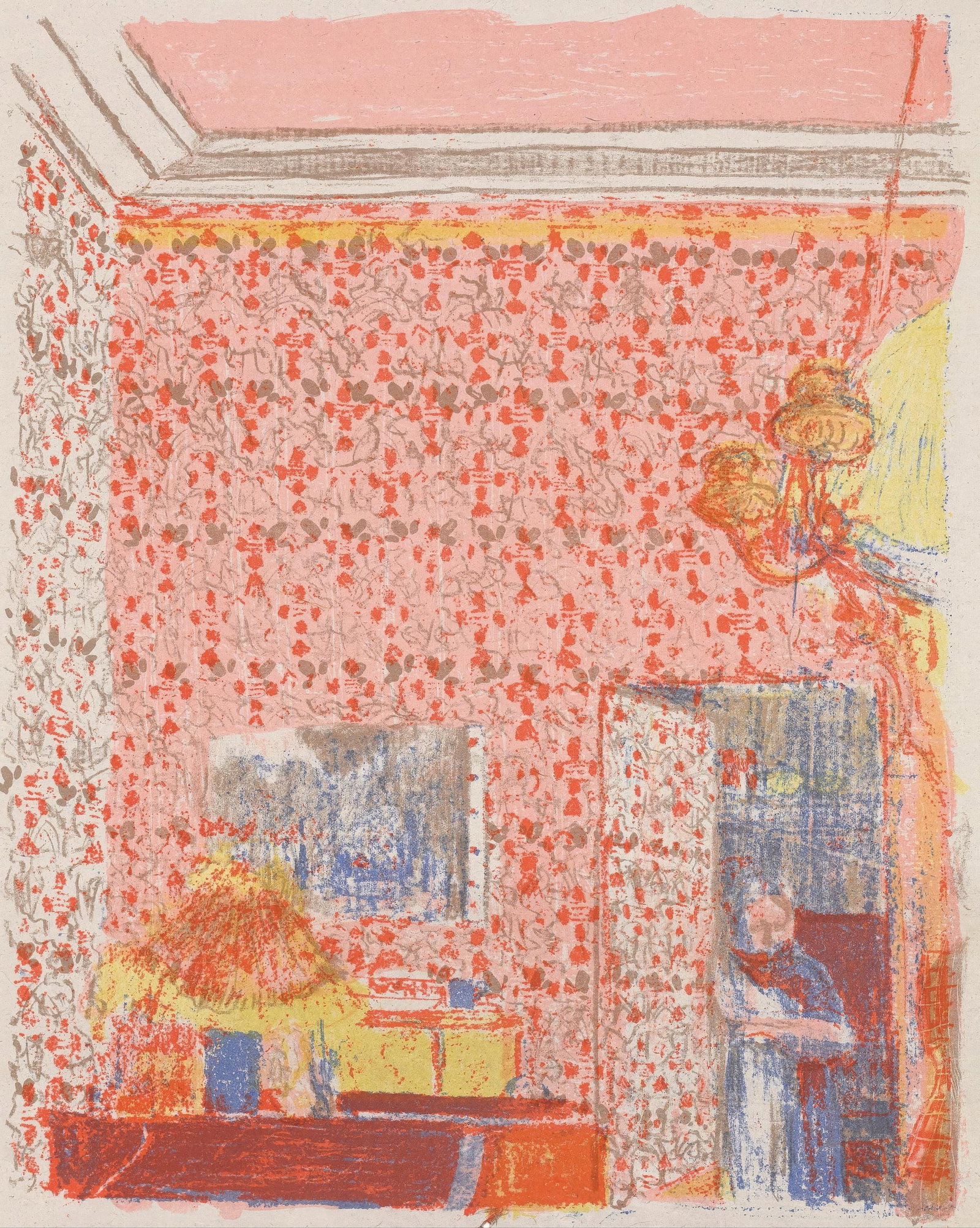 Jean-Edouard Vuillard, Interior with Pink Hangings I, from The Graphic Work of Vuillard, Limited: This exquisite lithograph by Jean-Edouard Vuillard (1868-1940), titled Interieur aux tentures roses I (Interior with Pink Hangings I), from L'oeuvre grave de Vuillard (The Graphic Work of Vuillard), o