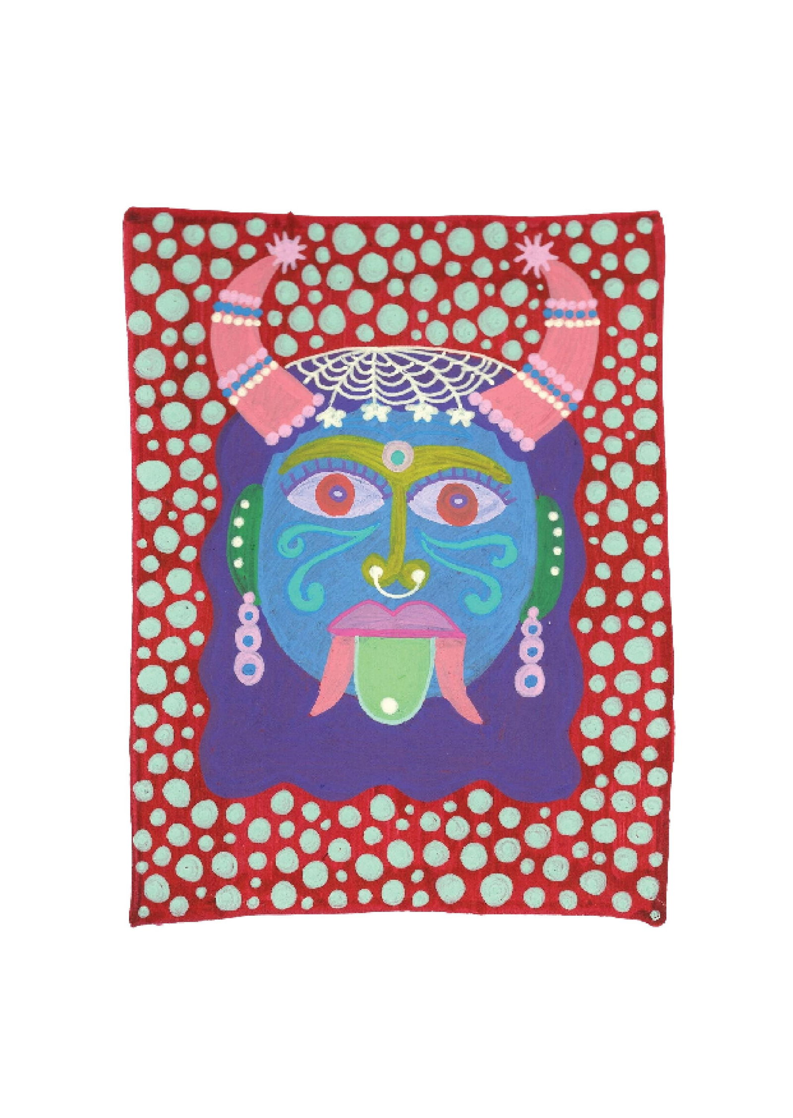 Evil Eye Mask 9: Inspired by the South Indian Drishti Bommai mask; a protective talisman traditionally represented as a doll; this artwork draws from a visual language widely seen across South India. These figures are