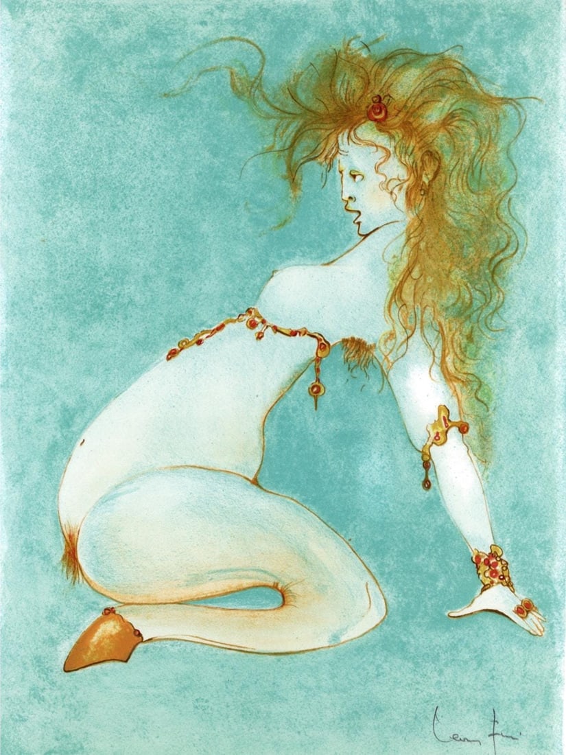 Leonor Fini, Composition, Variations sur l'imaginaire, Limited Edition Lithograph: Lithograph on velin de Rives paper. Paper size: 14.5 x 10.75 inches. Excellent condition. Inscription: hand signed and unnumbered, as issued. Notes: From the folio, Variations sur l'imaginaire, 1972.